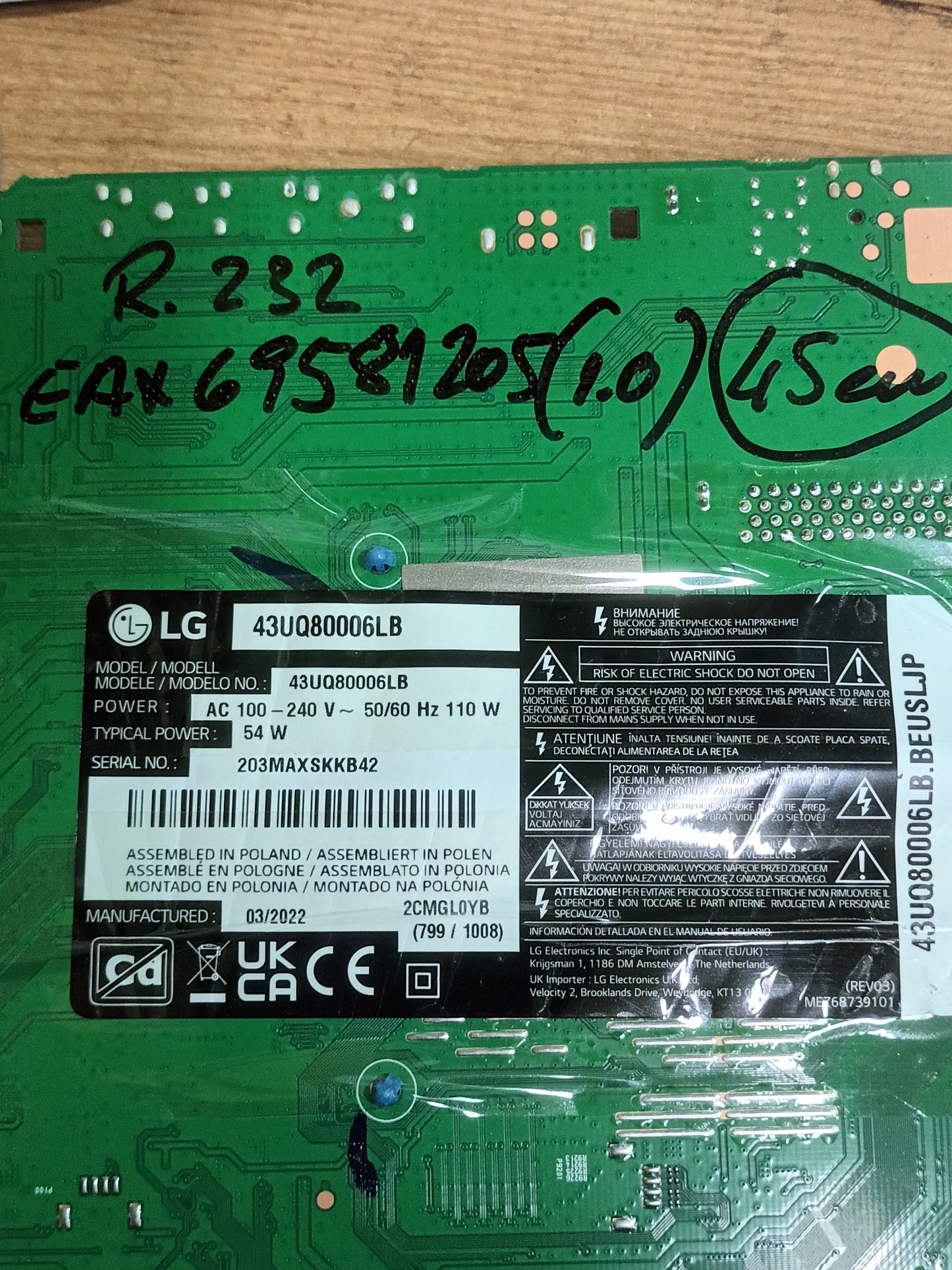 PLACA MAIN EAX69581205(1.0), EBT67247303, de tv LG43UQ80006LB
