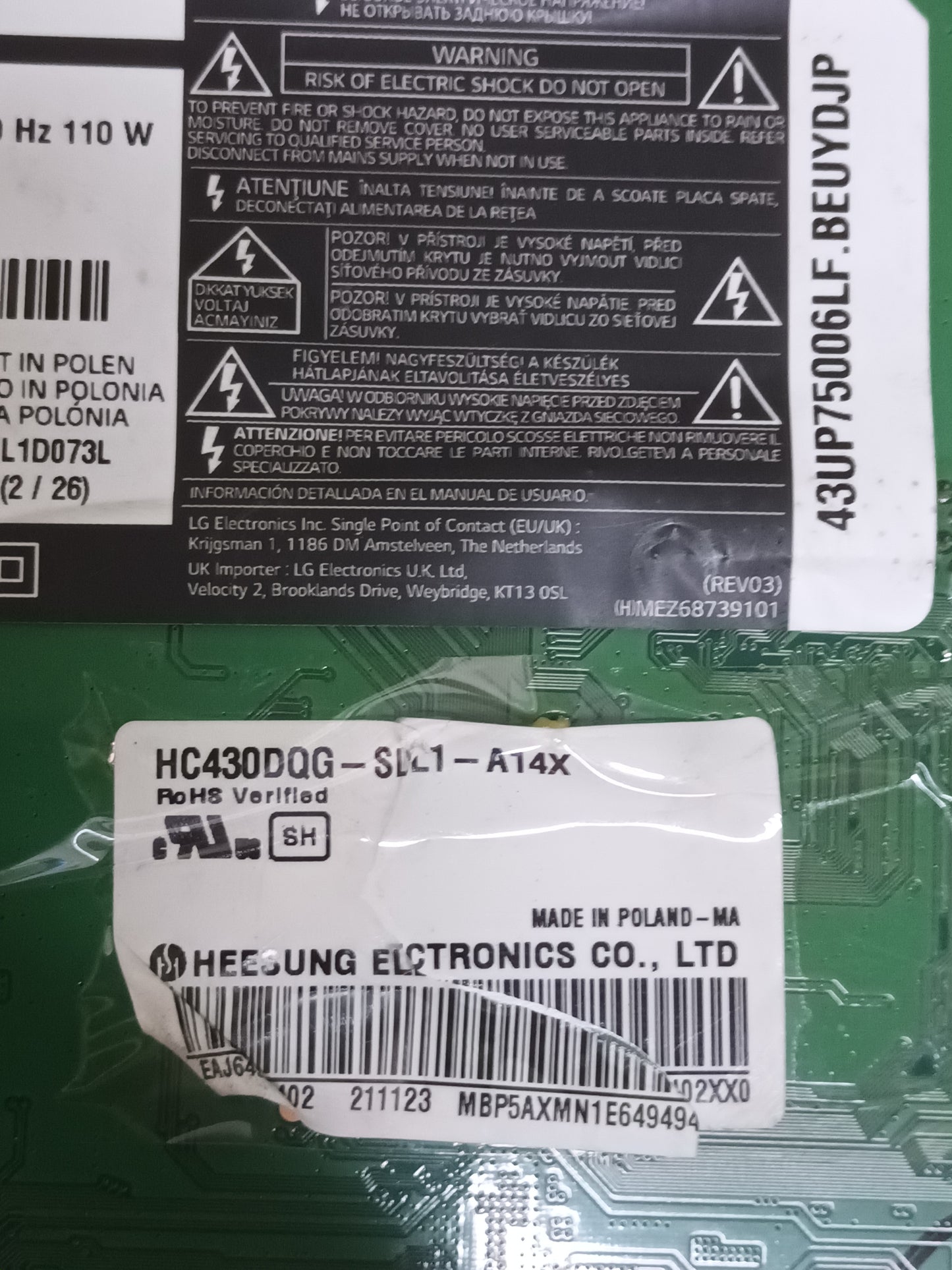EAX69532504(1.0), EBT66781803, PLACA MAIN de tv LG43UP75006LF,