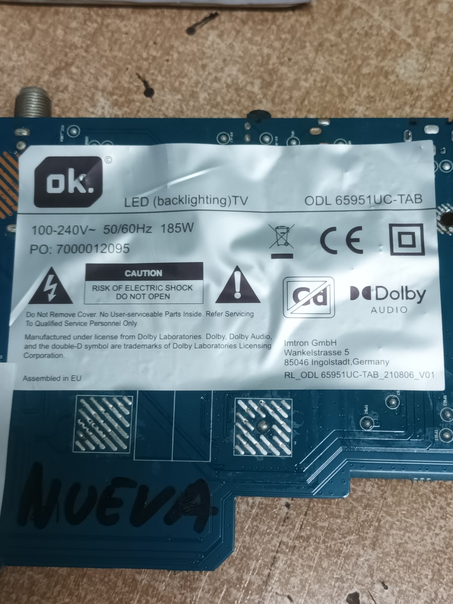 PLACA MAIN, JUC7.820.00237309, NUEVA SIN USAR, de tv OK ODL65951UC-TAB, 