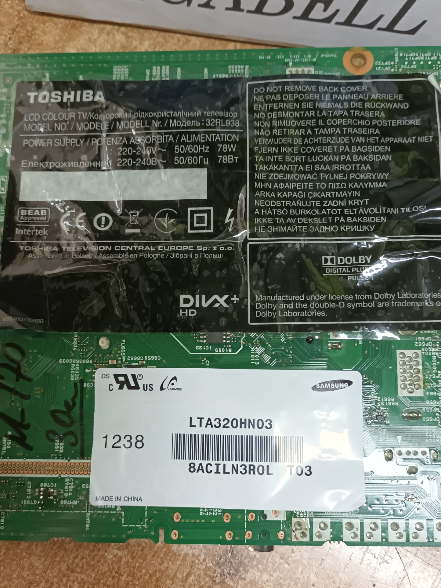PE1091, V28A001 434B1, de THOSHIBA 32RL938
