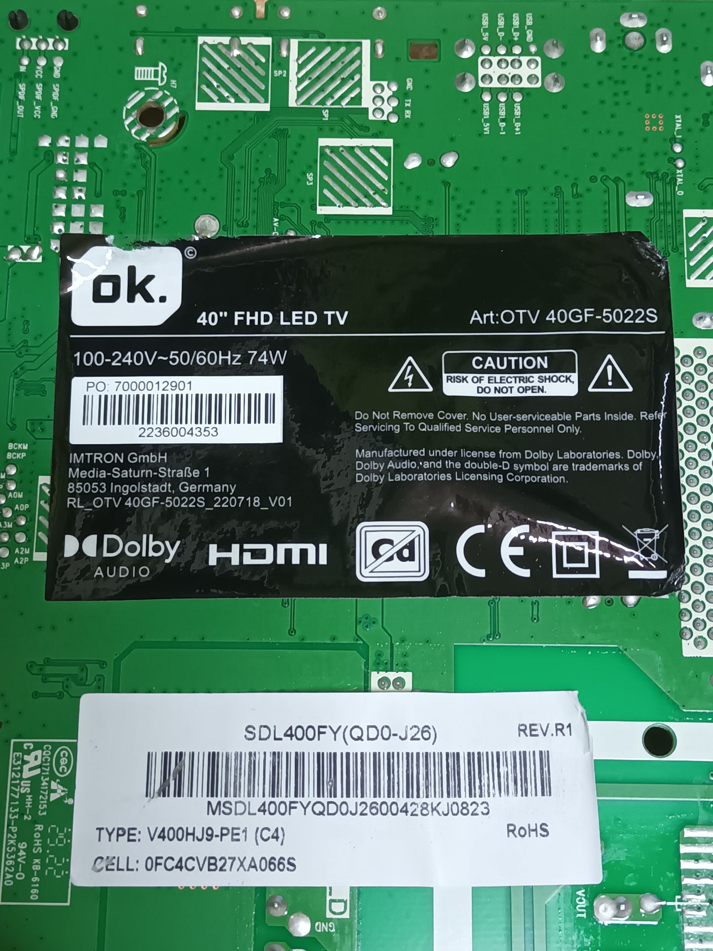 PLACA MAIN, A7K54G1, LA.017.23302300.0005, de TV OK OTV 40GF-5022S, NUEVA
