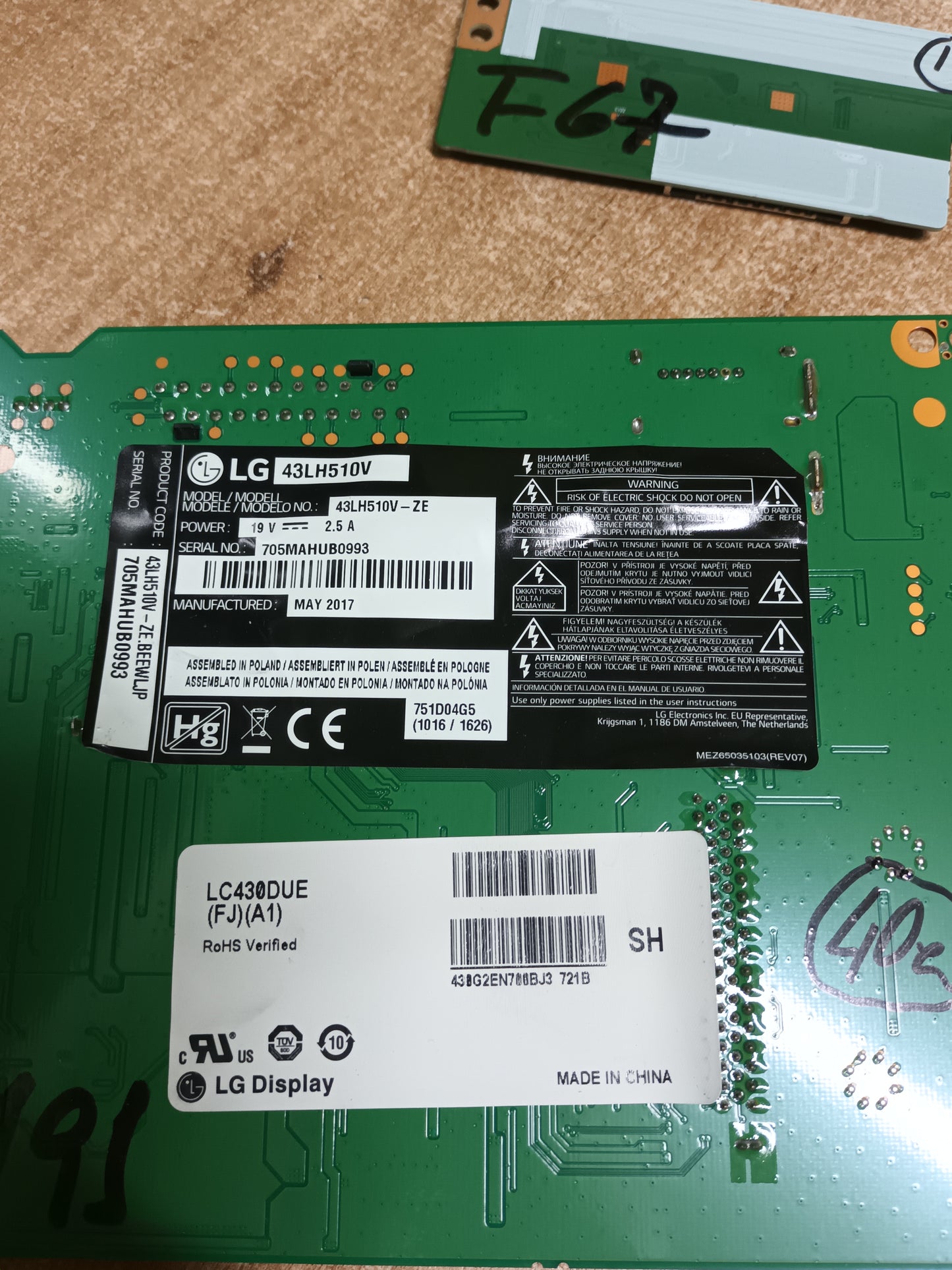 PLACA T-COM, 6870C-05325C, de TV LG43LH510V,