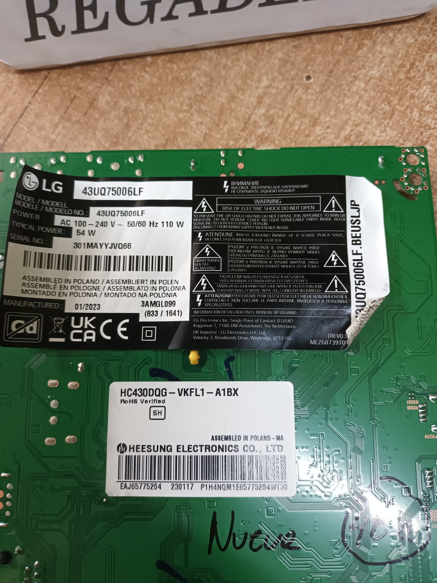 Placa main, EAX69830902(1.1), EBT67315503, de tv LG43UQ75006LF, NUEVA SIN USAR