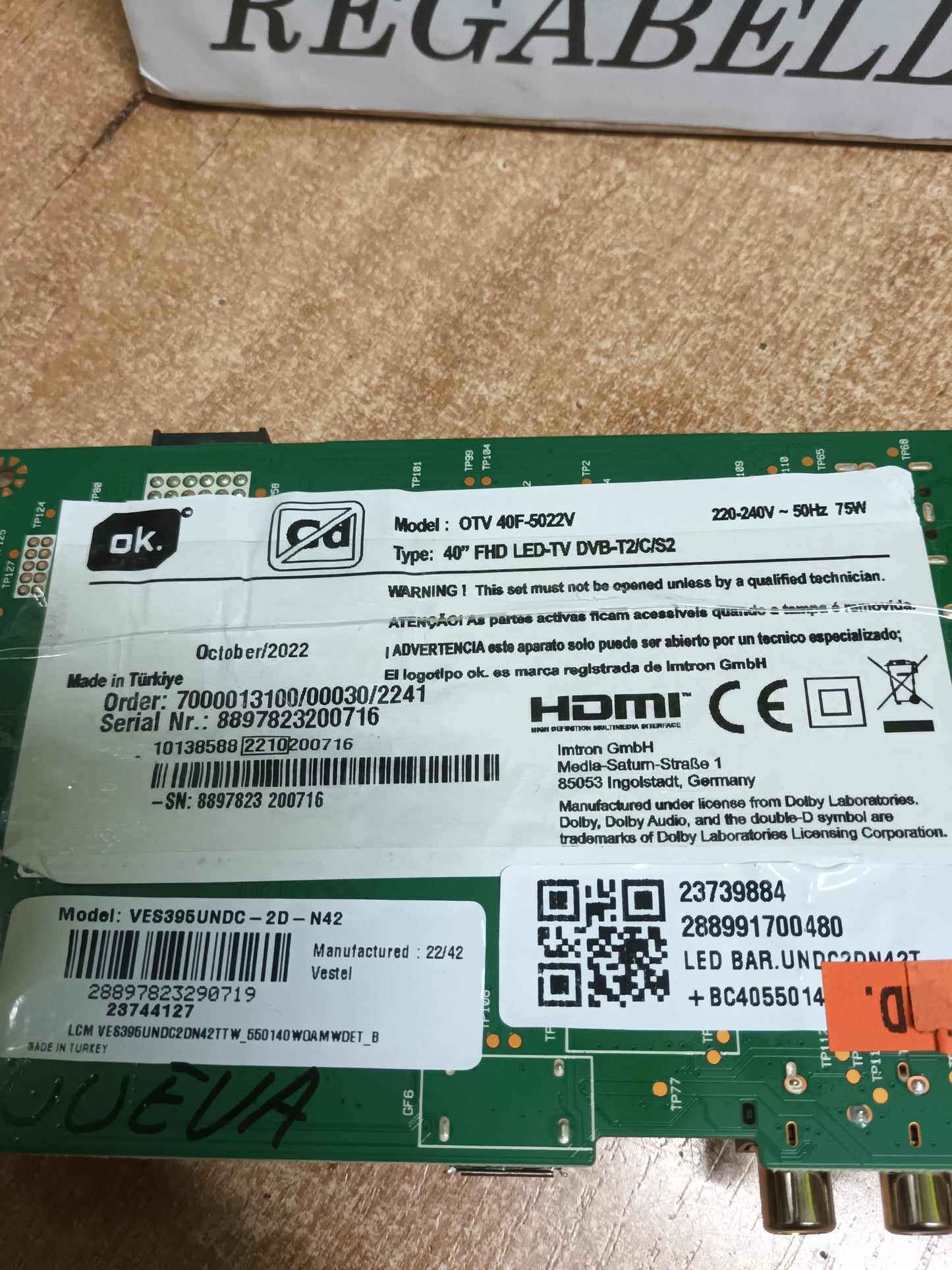 Placa main, 17MB140, de TV OK OTV40F-5022V, ES NUEVA SIN USAR