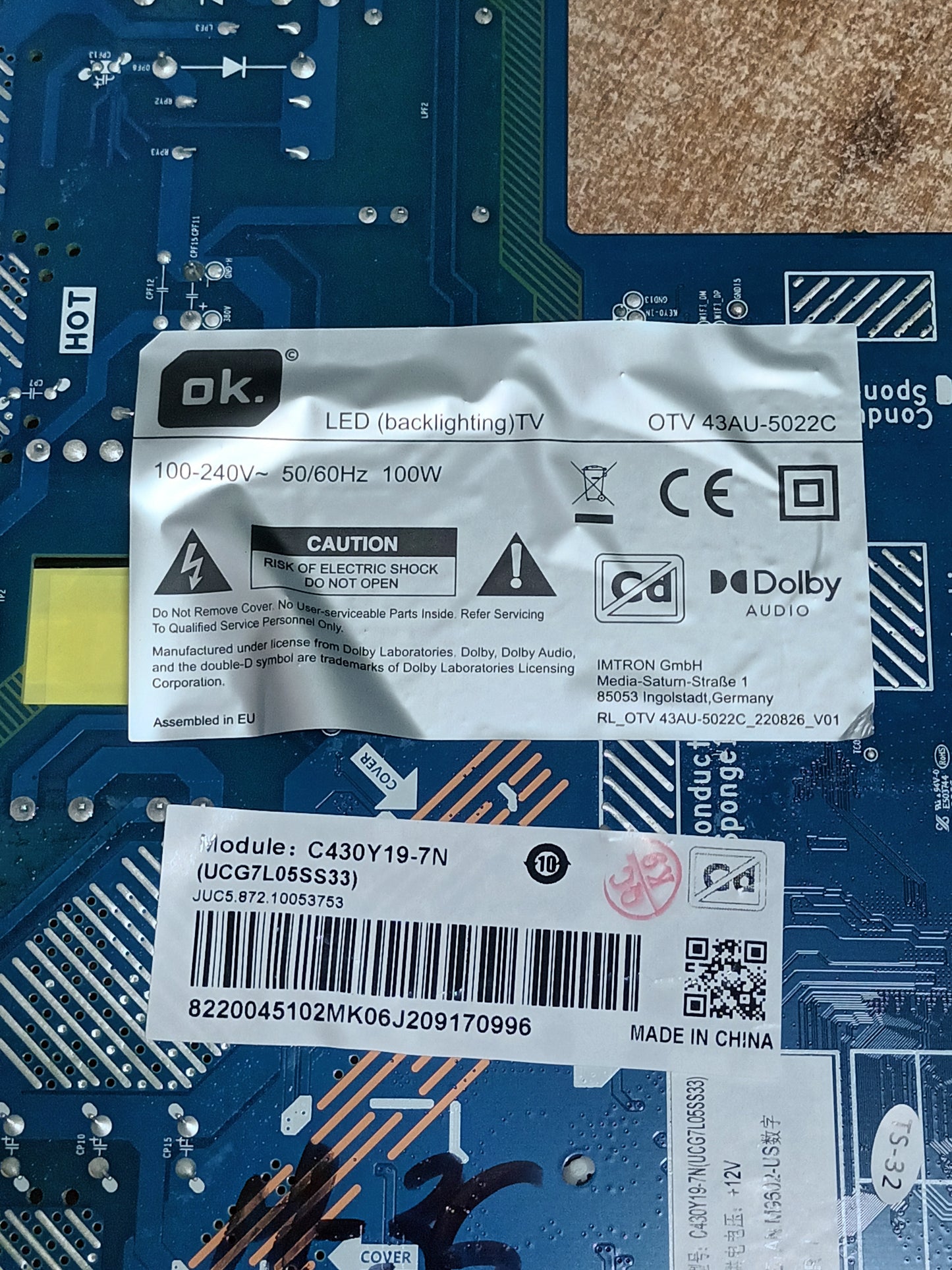 Placa main, MB-M9602-PW-CL-0094, de TV OK OTV43AU-5022C, ES NUEVA SIN USAR