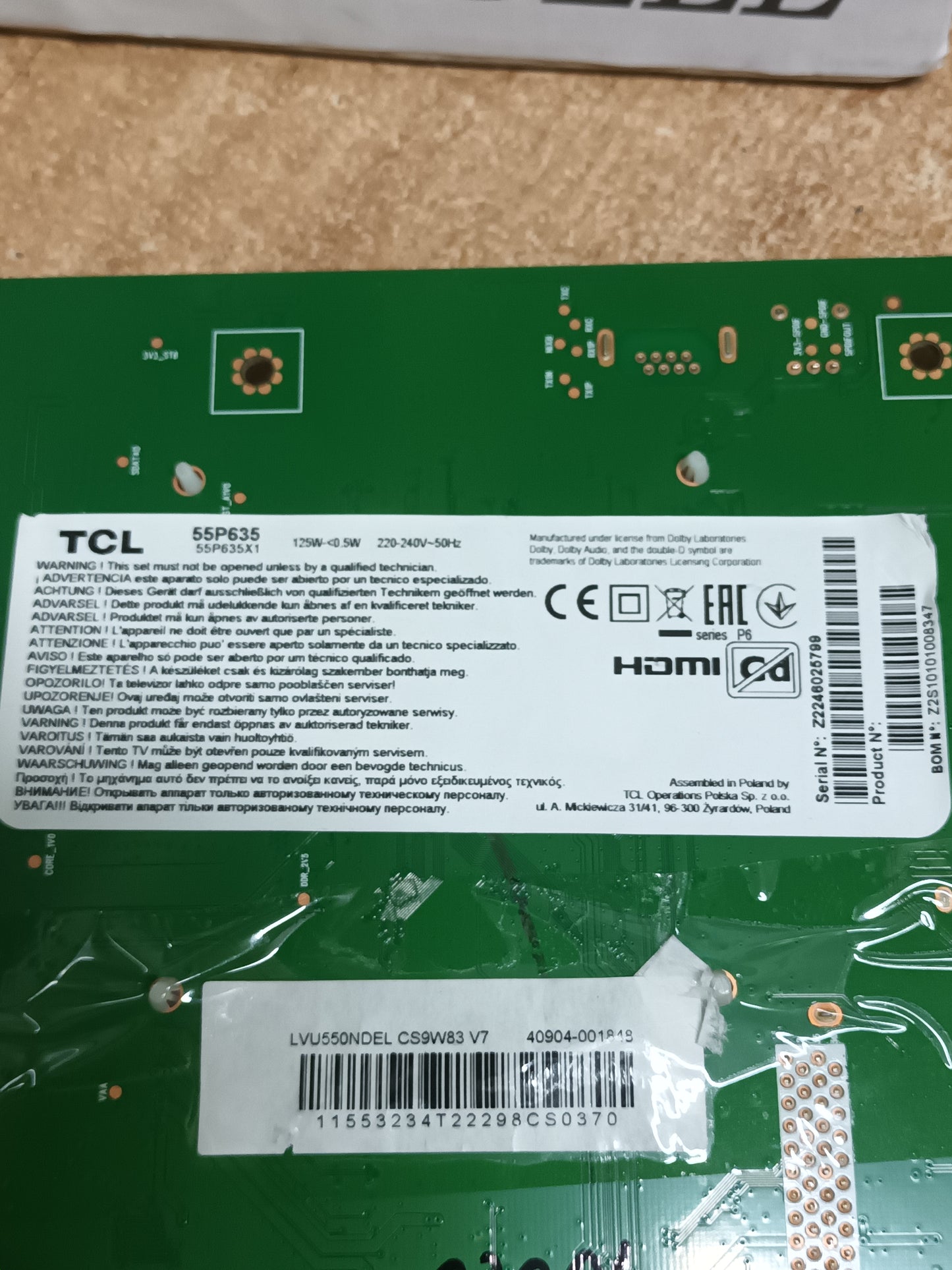 Placa main, 40-R51MPE-MAA2HG, de tv TCL 55P635, ES NUEVA SIN USAR,