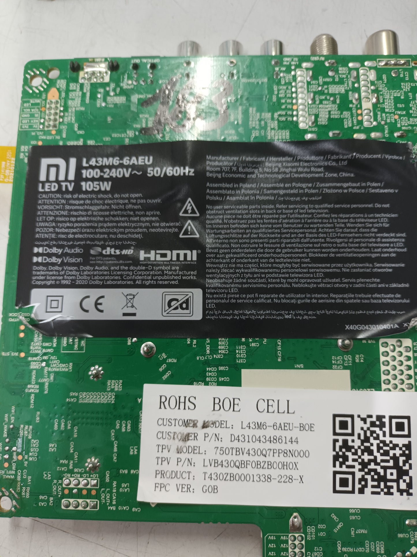 PLACA MAIN TD.MT9612.795, de TV XIAOMI MI L43M6-6AEU, NUEVA SIN USAR,