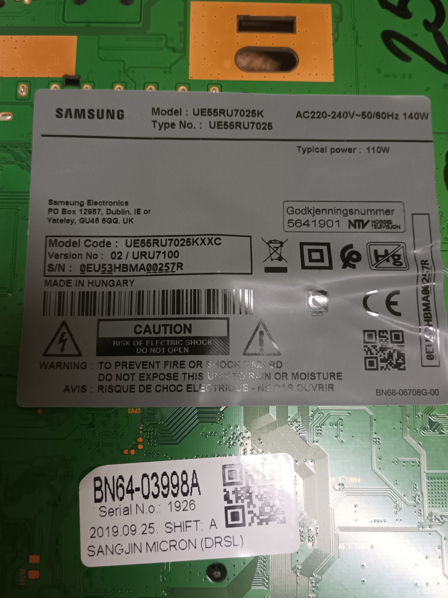 PLACA MAIN, BN41-02703A, BN94-14200A, de tv SAMSUNG UE55RU7025K,