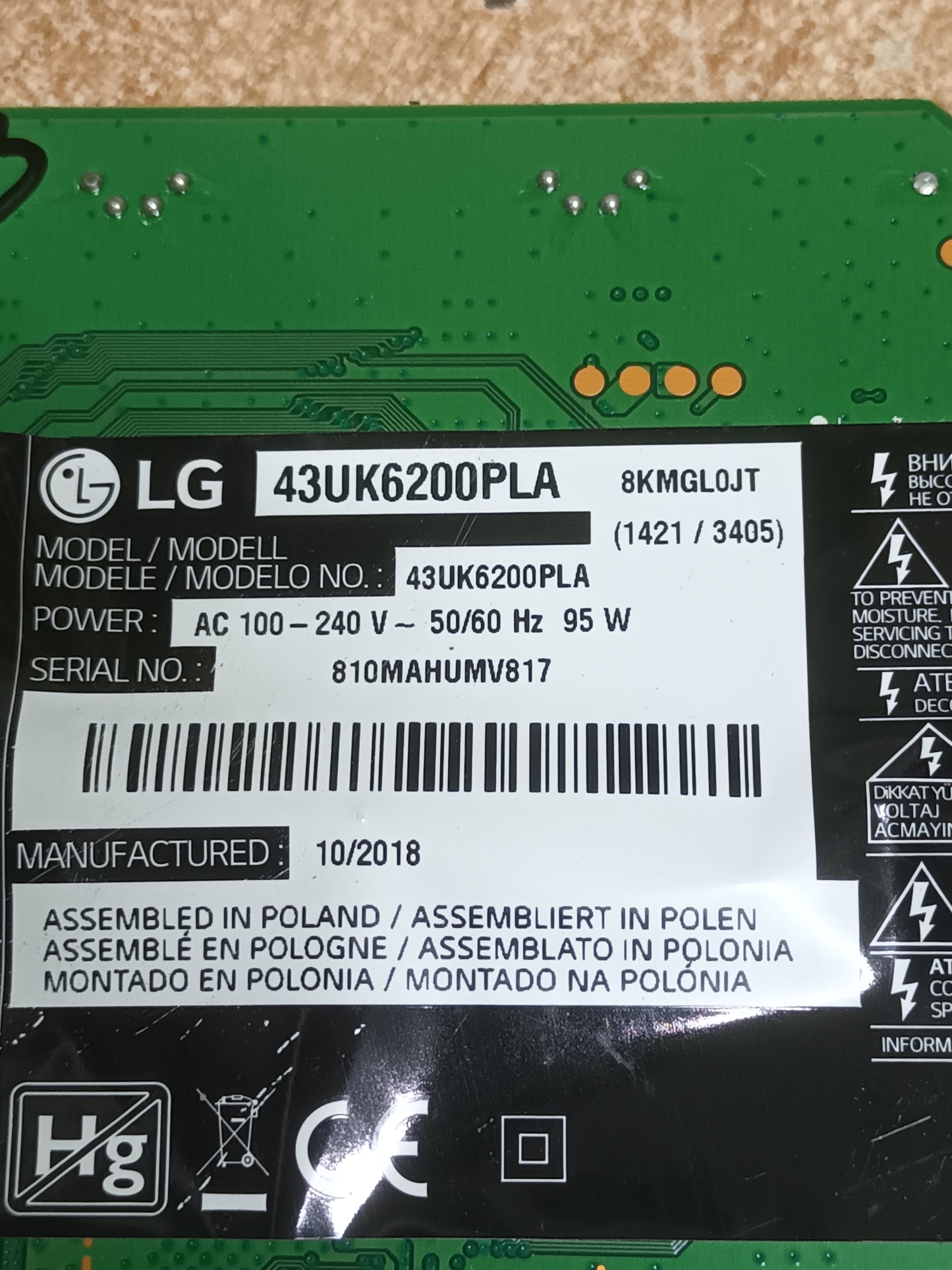 PLACA MAIN, EAX67872805(1.1), de tv LG43UK6200PLA,