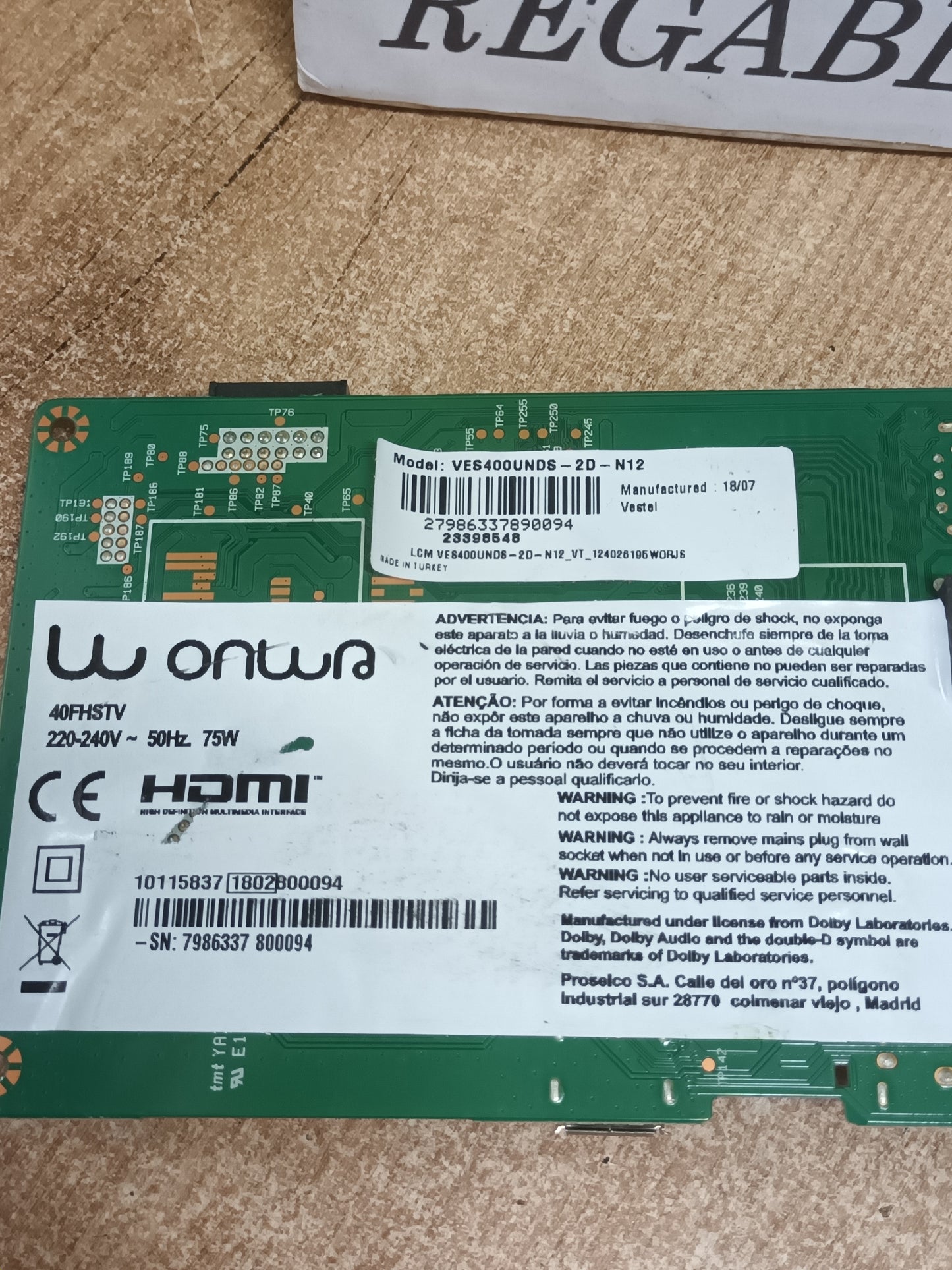 PLACA MAIN, 17MB211S, desmontada de TV WONWA 40FHSTV,