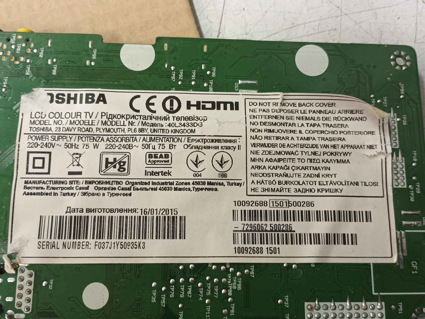 TOSHIBA 40L3433DG, componentes tv, (ref-14)