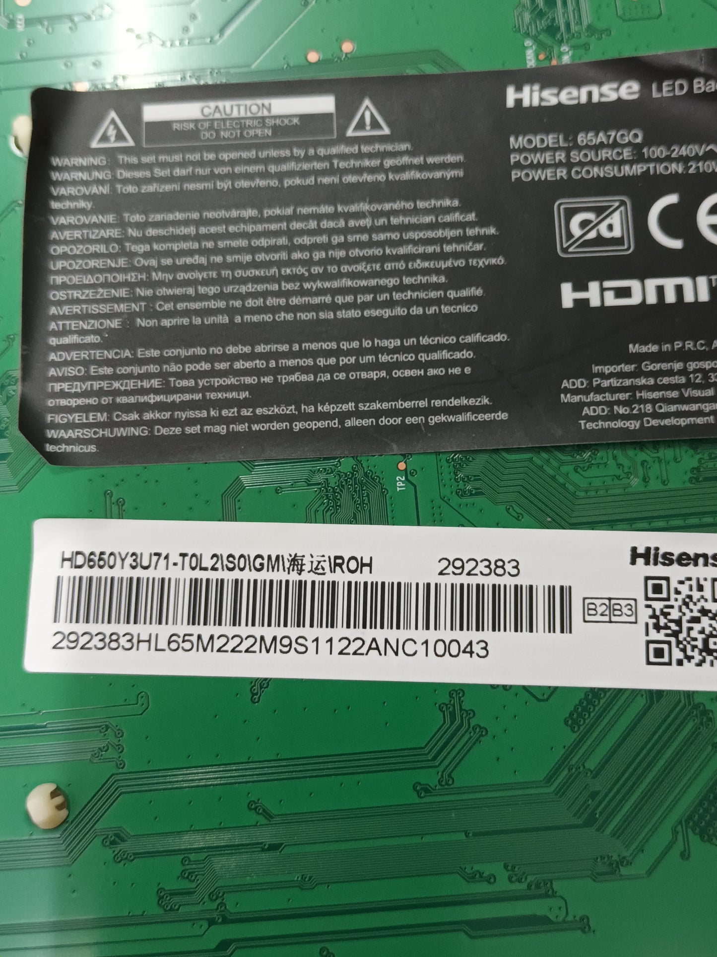 PLACA MAIN, RSAG7.820.11592/ROH, (NUEVA SIN USAR) de tv HISENSE 65A7GQ 