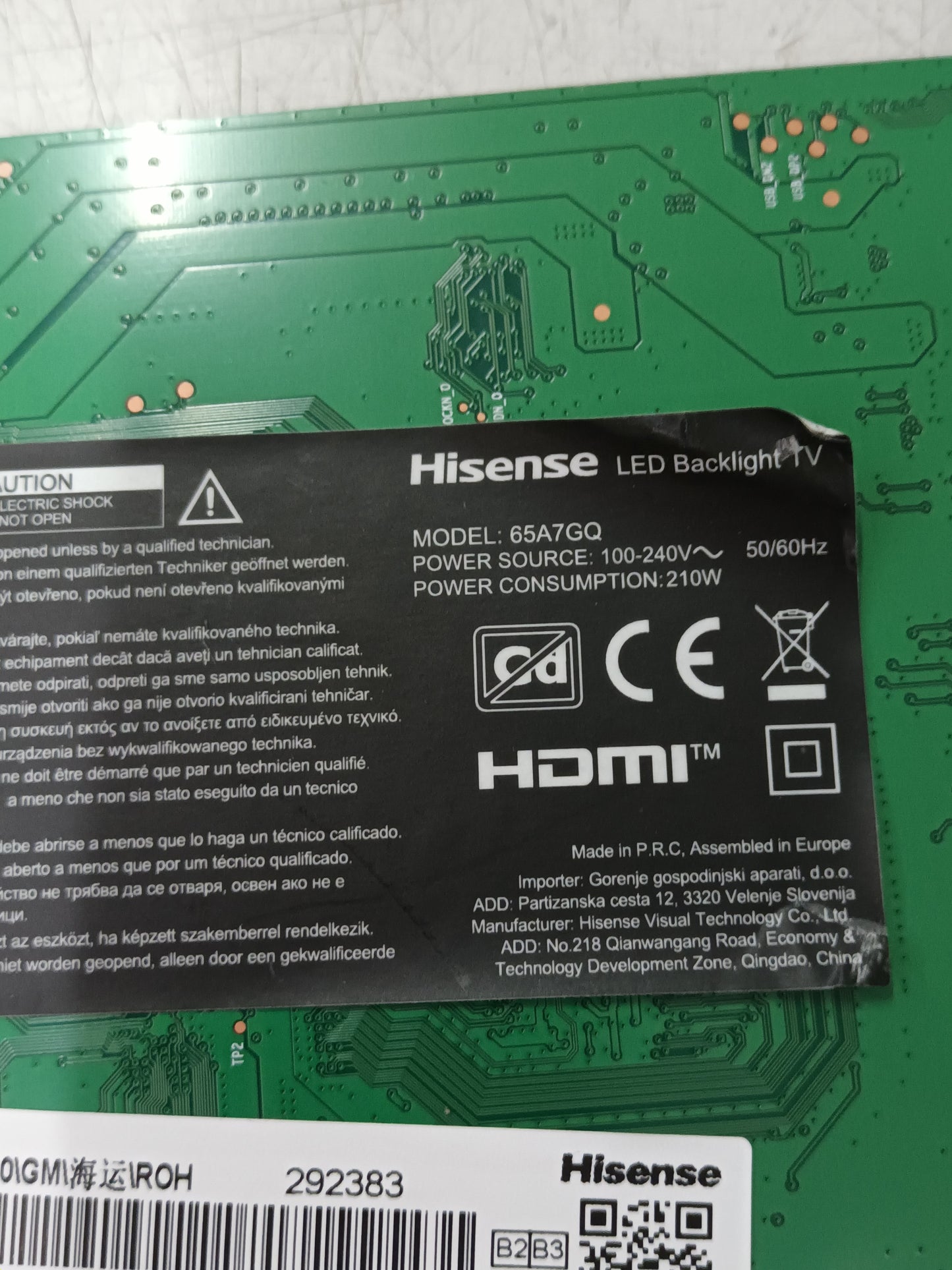 PLACA MAIN, RSAG7.820.11592/ROH, (NUEVA SIN USAR) de tv HISENSE 65A7GQ 