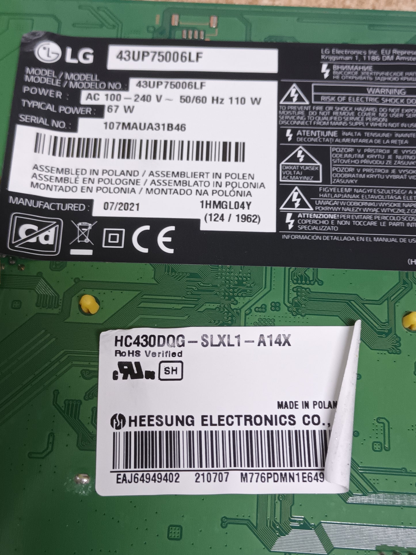 Placa main, EAX69532504(1.0), EBT66781803, DE TV LG43UP75006LF, NUEVA SIN USAR,