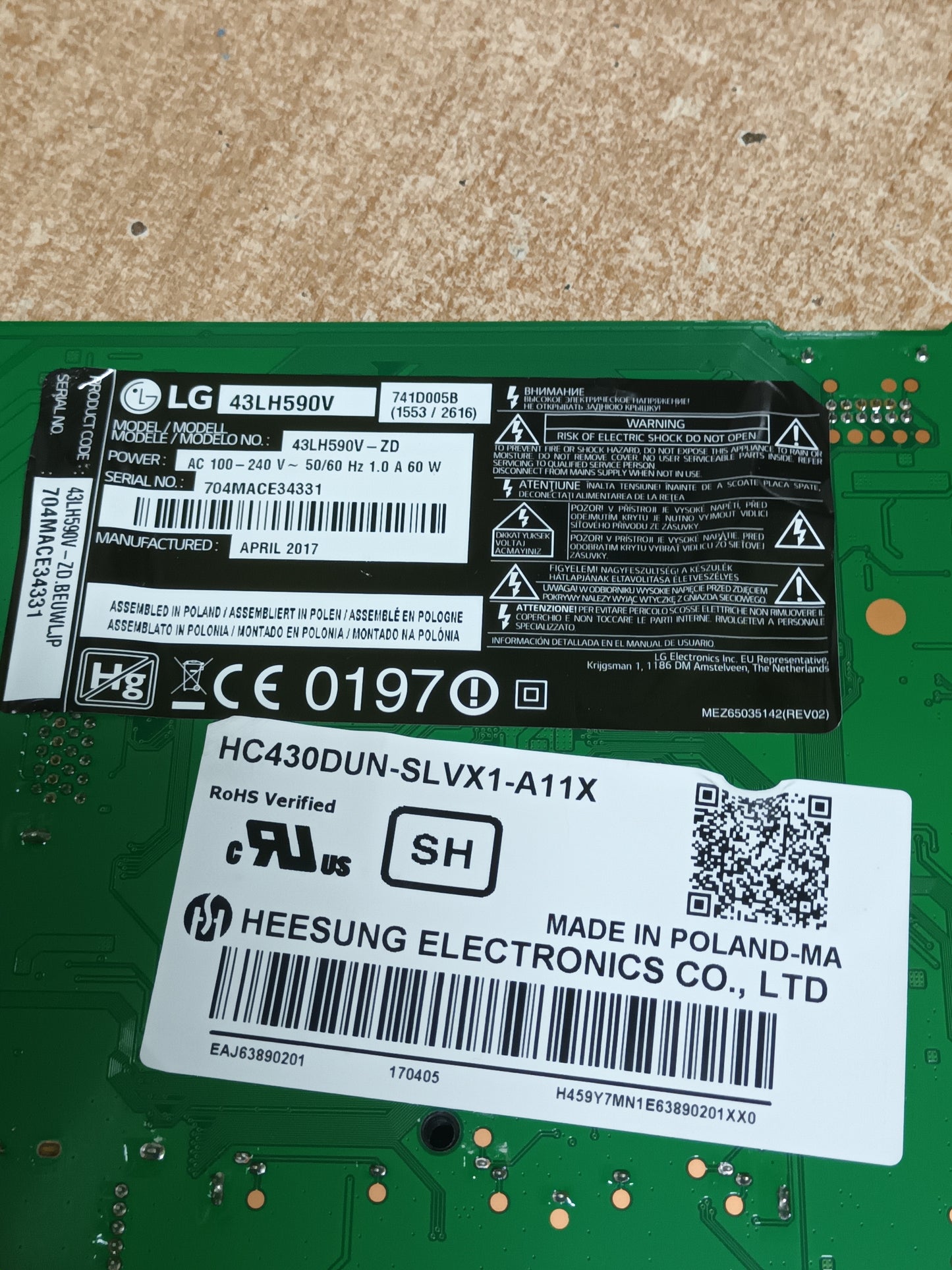 PLACA MAIN, EAX66873003(1.0), EBT64304726, de TV LG43LH590V, NUEVA SIN USAR
