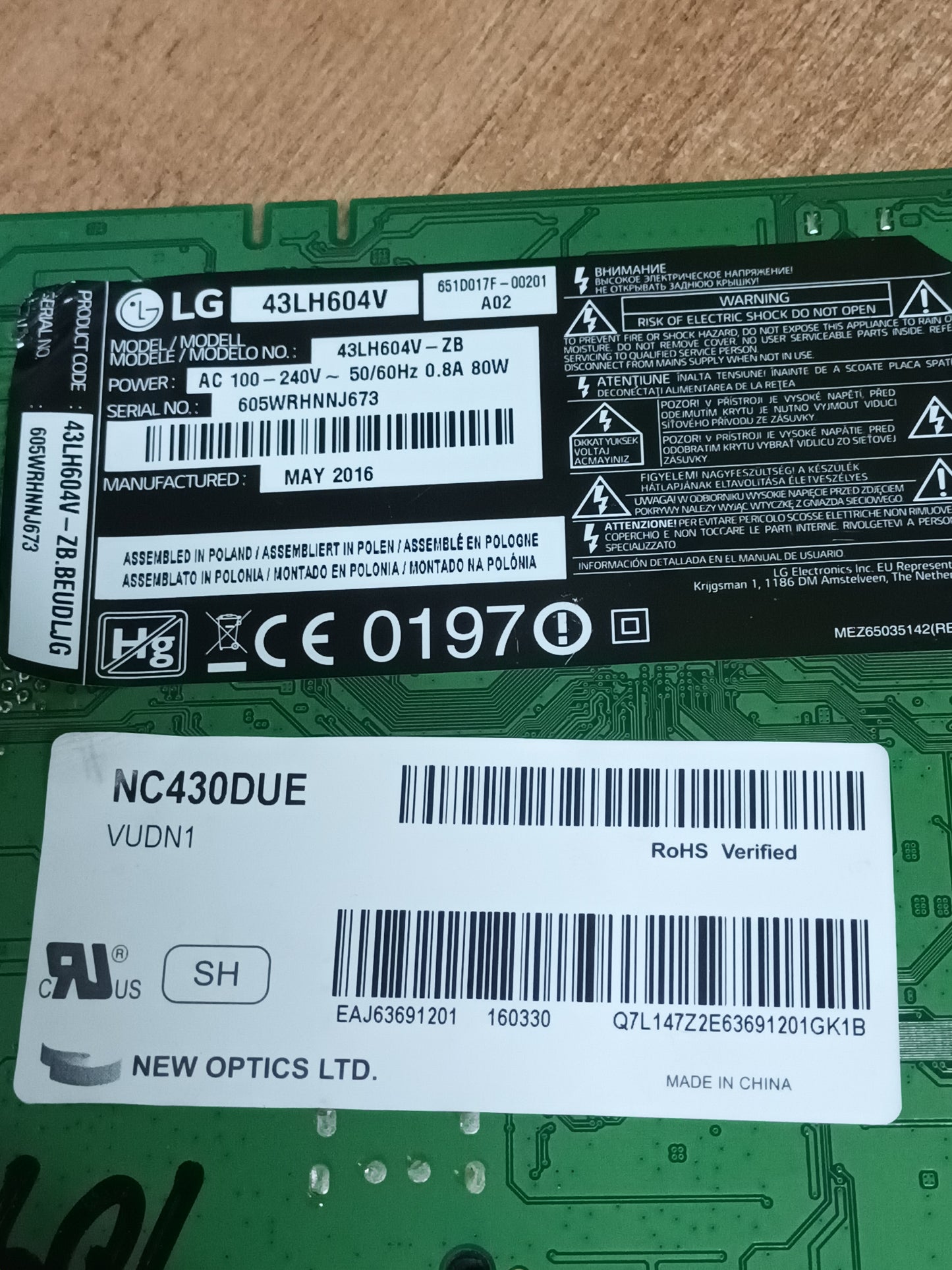 PLACA T-COM, T430HVN01.A, de LG43LH604V, NUEVA