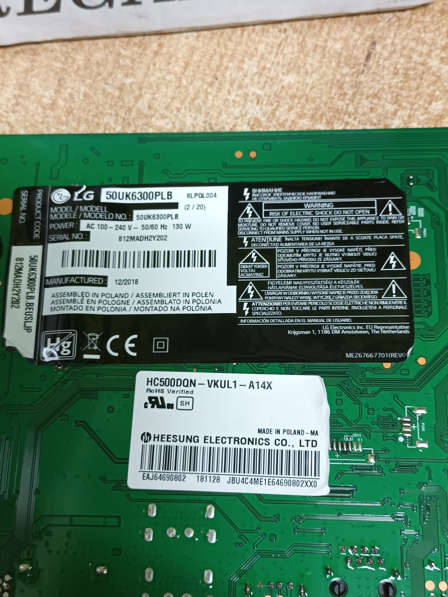 Placa main, EAX67872805(1.1) EBT66113003, de tv LG50UK6300PLB, NUEVA SIN USAR,