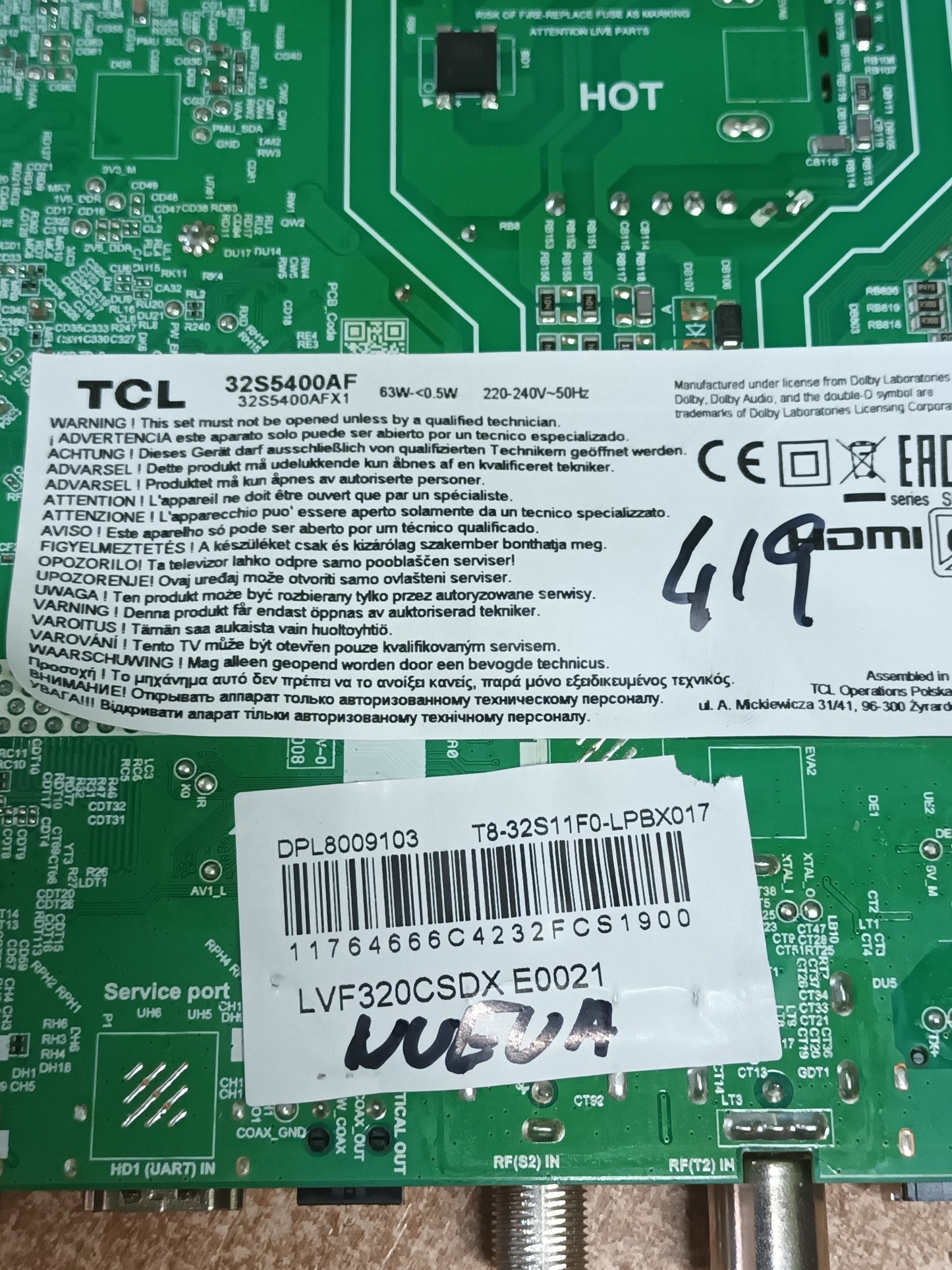 PLACA MAIN, TPD.MT9221T.PB779, NUEVA SIN USAR de tv TCL 32S5400AF,