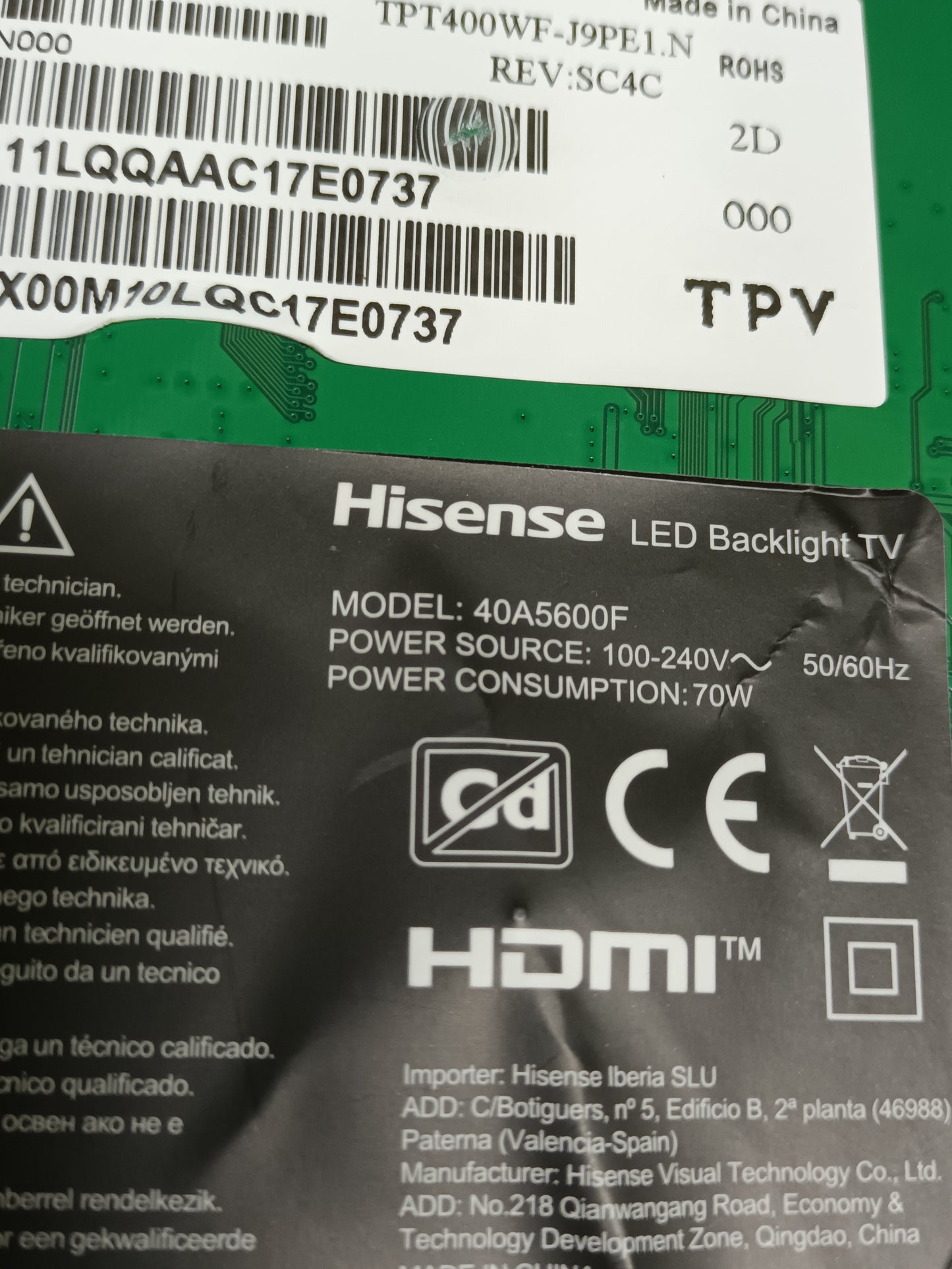 PIES TV HISENSE 40A5600F, (ref.203