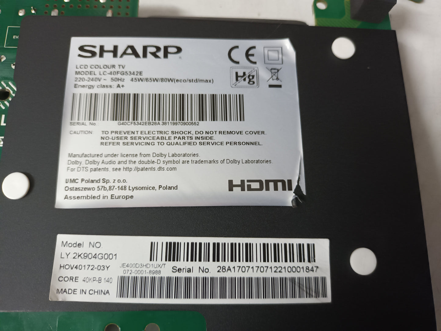 SHARP LC-40FG5342E, COMPONENTES TV, (ref-151)