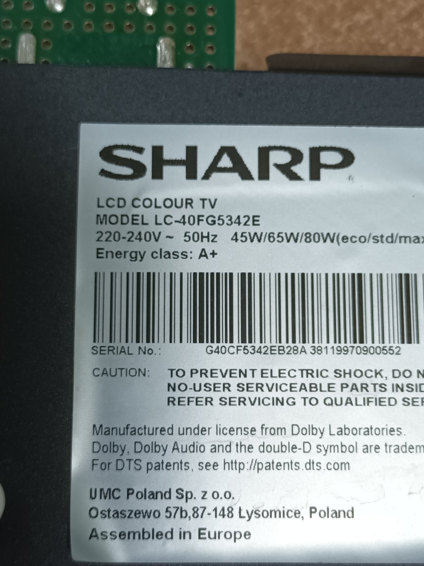 PIES TV SHARP LC-40FG5342E, (ref.205)