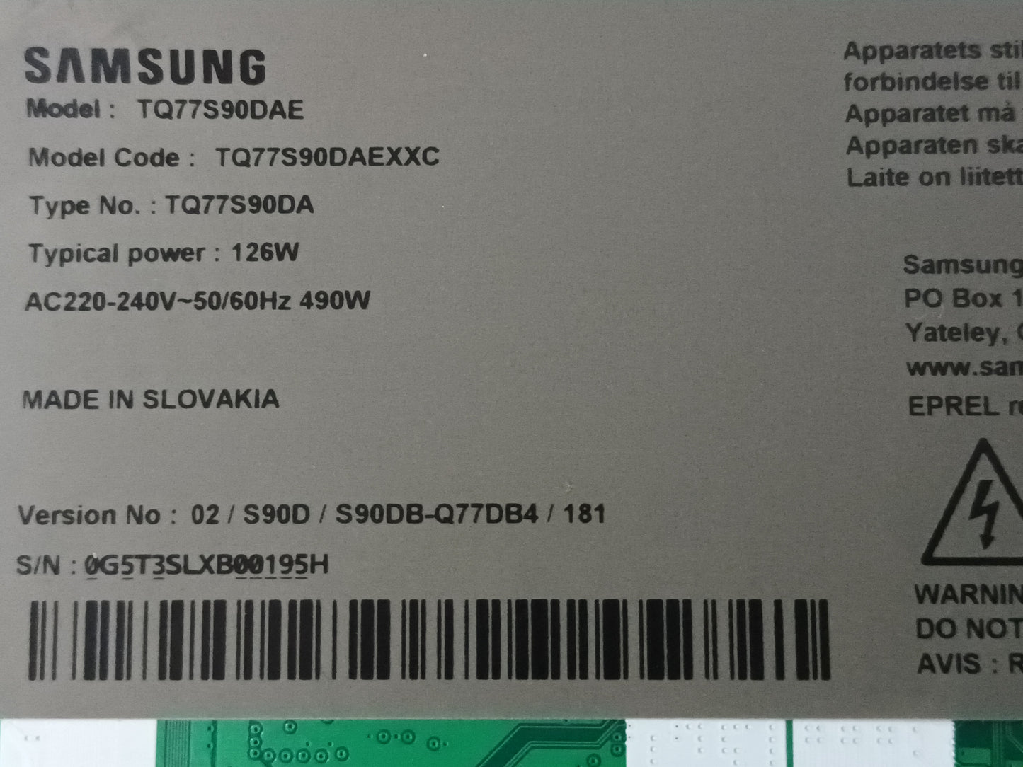 SAMSUNG TQ77S90DAE, componentes, NUEVOS
