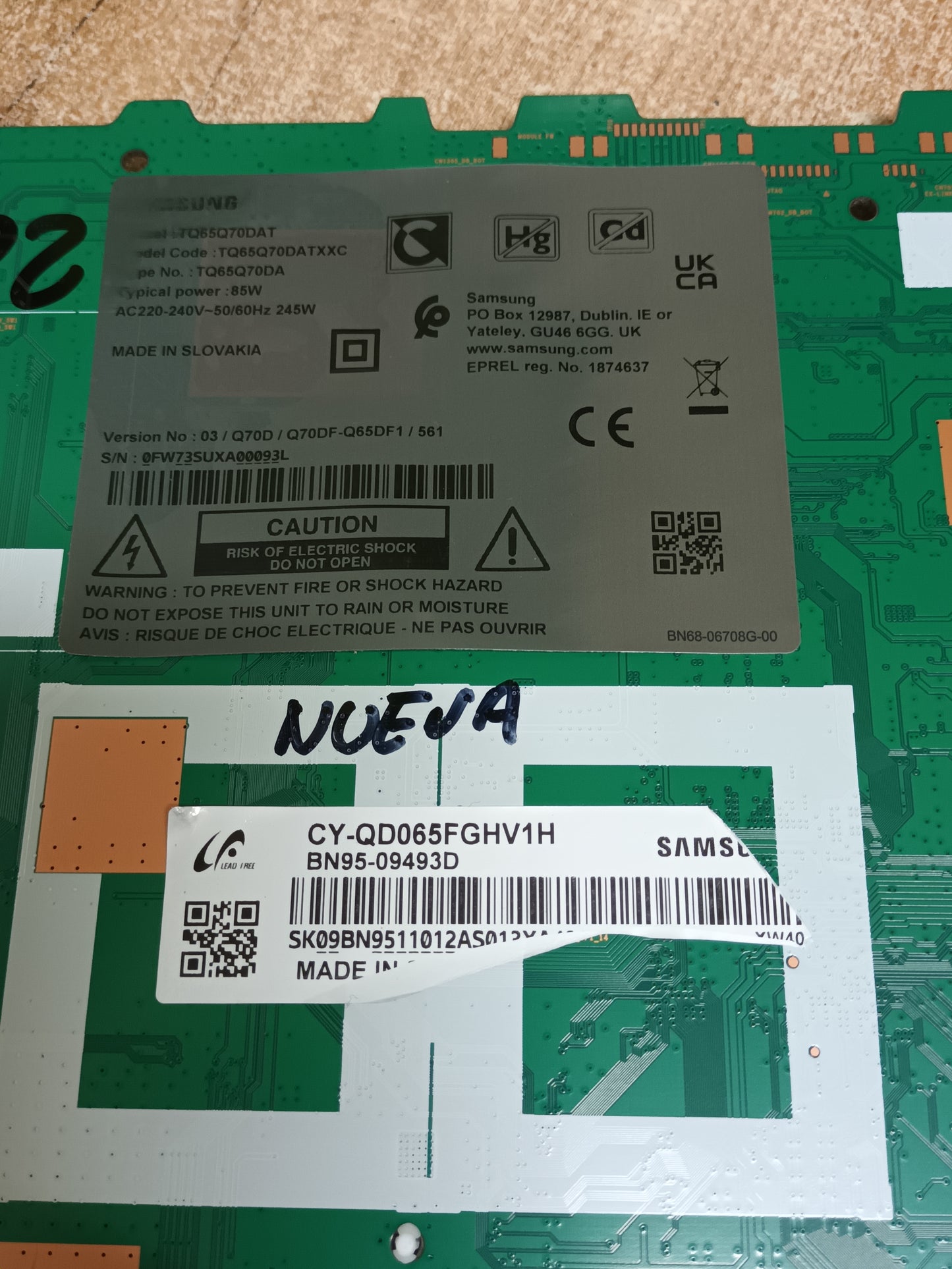 Placa main, BN96-18372S, de tv SAMSUNG TQ65Q70DAT, NUEVA SIN USAR