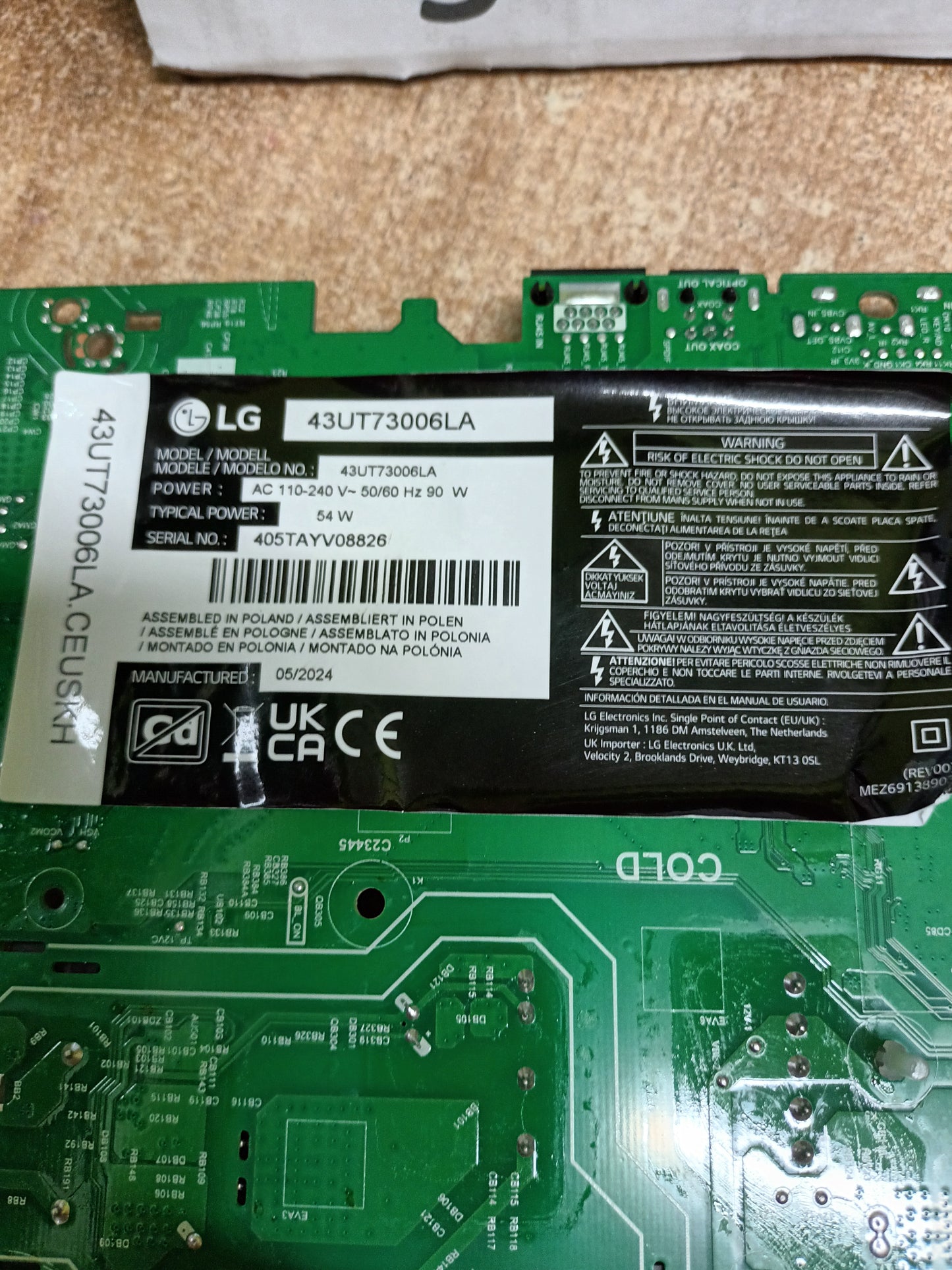 PLACA MAIN, TPD.RT2874.PC782 (T), NUEVA SIN USAR, de tv LG43UT73006LA