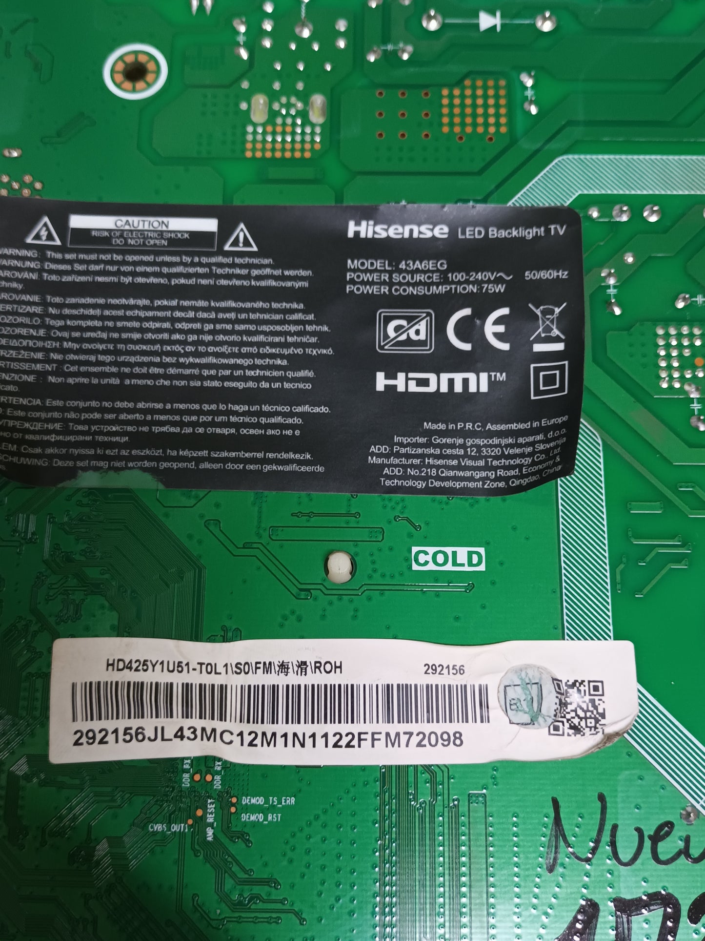 Placa main, RSAG7.820.11529/R0H, de tv HISENSE 43A6EG, NUEVA SIN USAR