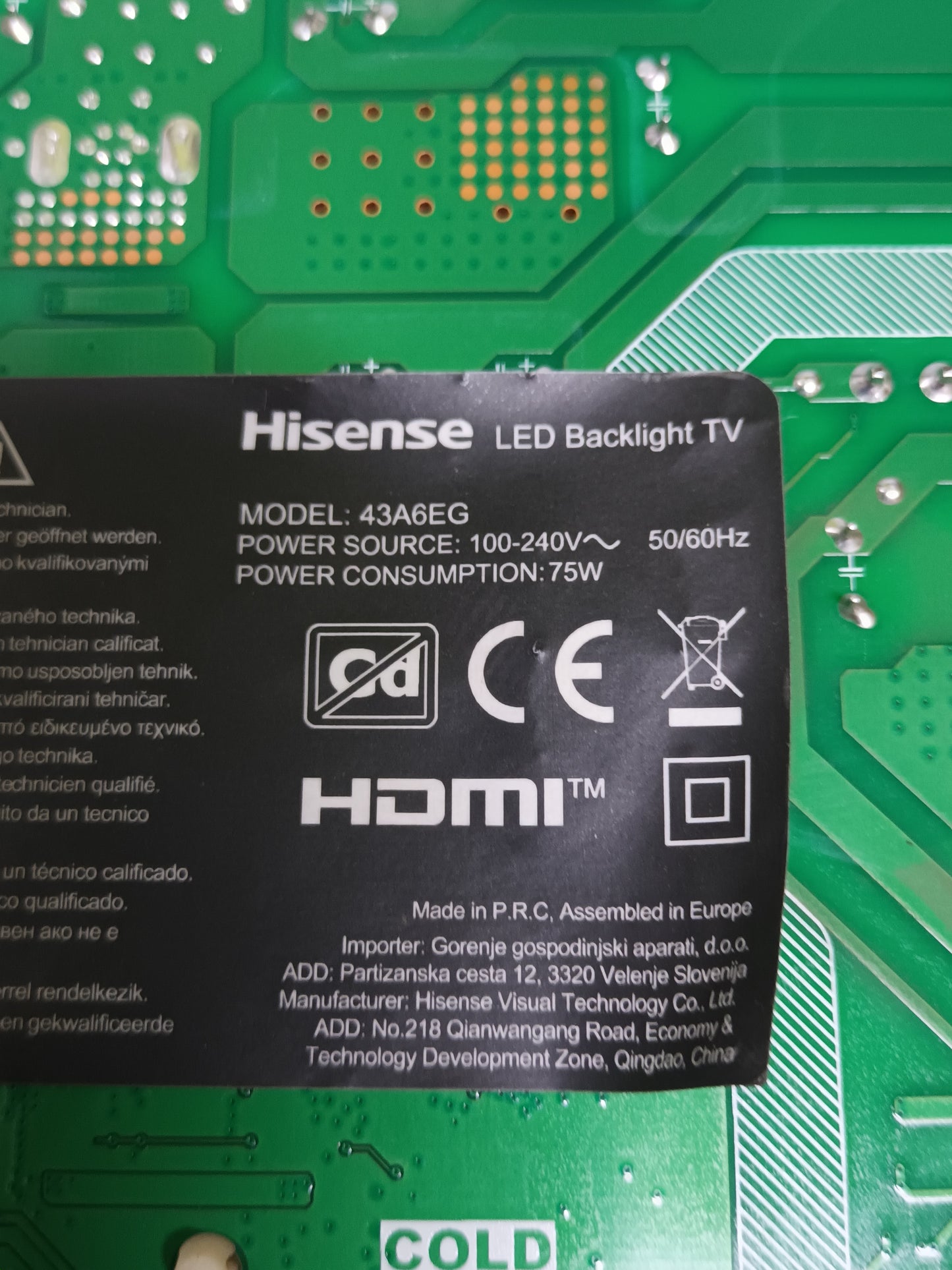 Placa main, RSAG7.820.11529/R0H, de tv HISENSE 43A6EG, NUEVA SIN USAR