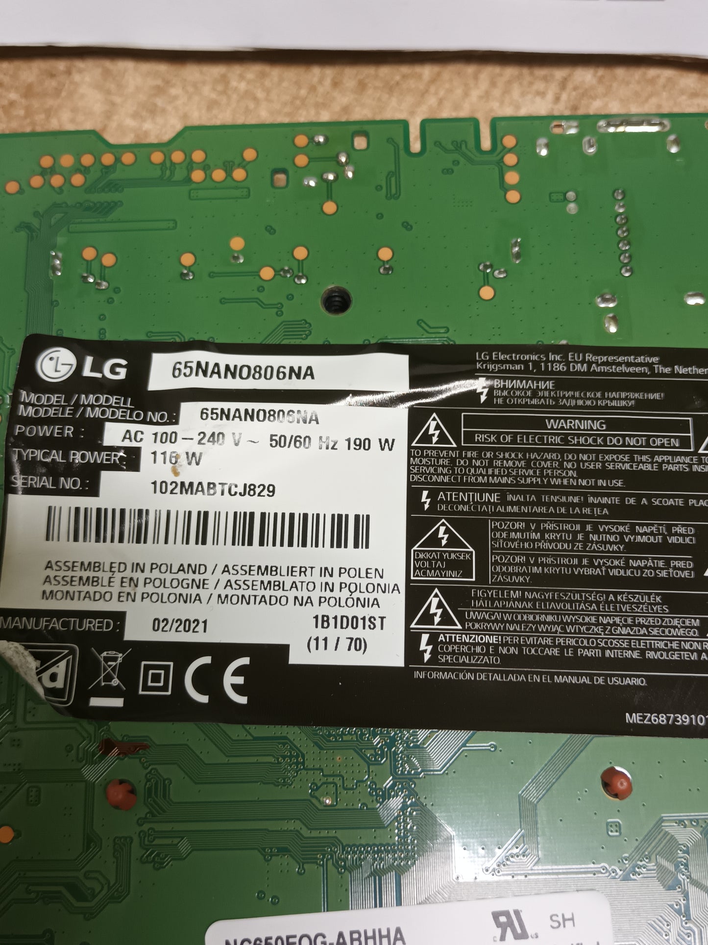 placa main, EAX69083603(1.0), EBT66606653, desmontada de TV LG 65NANO806NA.
