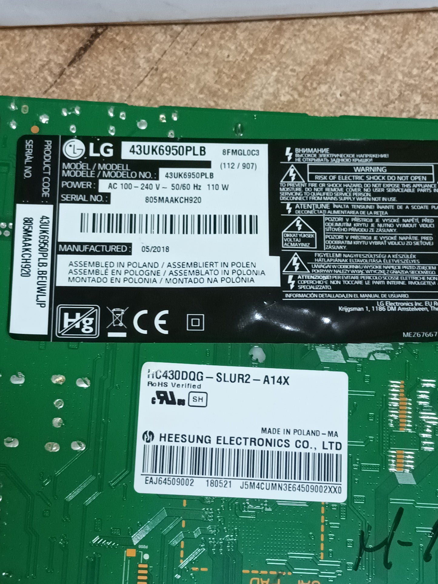 PLACA MAIN, EAX67872805(1.1), EBT65197103, de tv LG43UK6950PLB