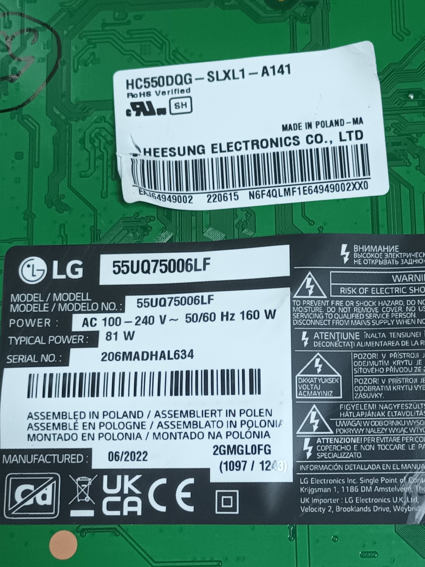 PLACA MAIN, EAX69830902(1.1), EBT66961803, de tv LG55UQ75006LF, NUEVA SIN USAR