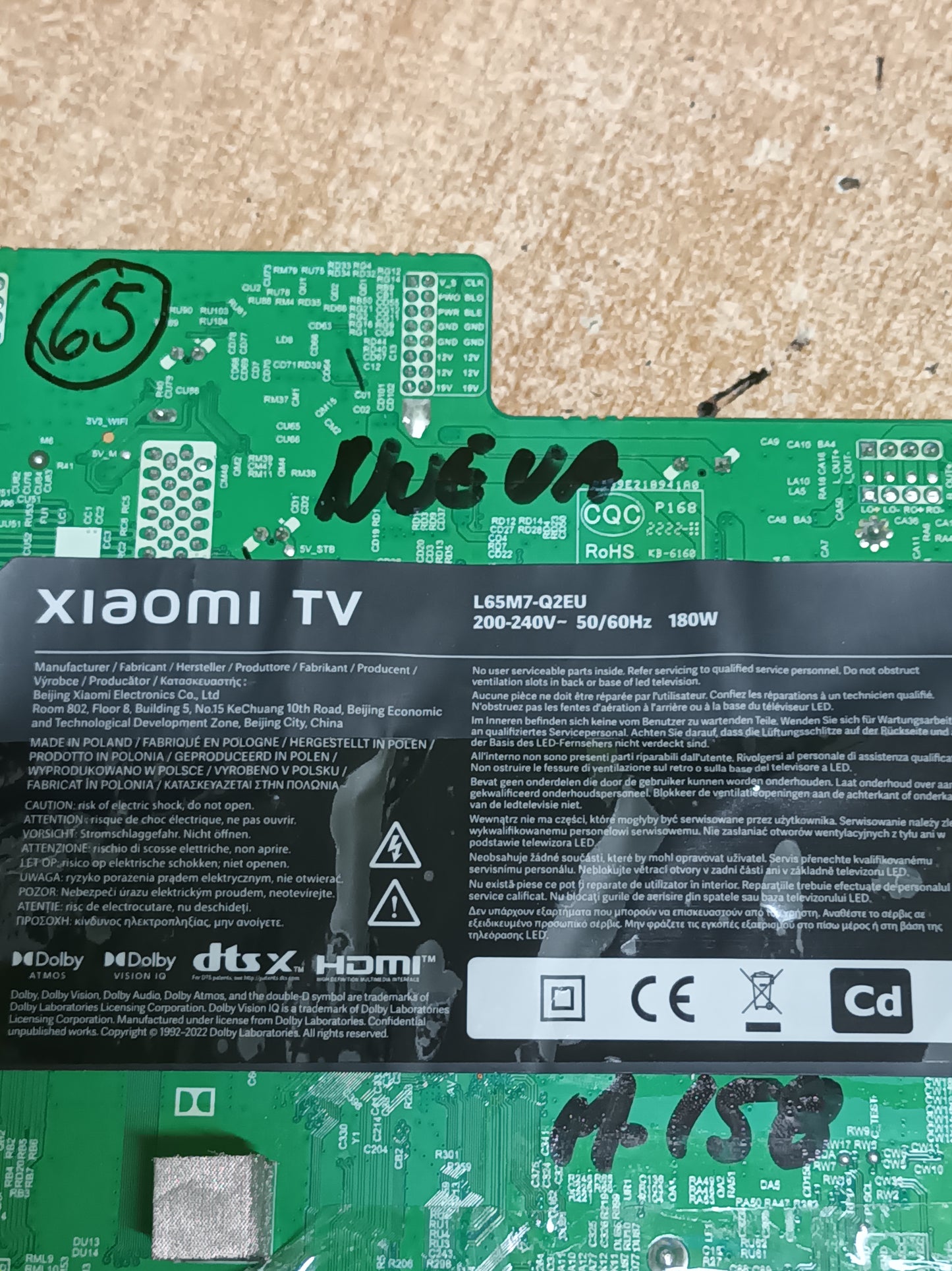PLACA MAIN, TD.MT9612.795, (NUEVA SIN USAR), de tv XIAOMI TV L65M7-Q2EU,