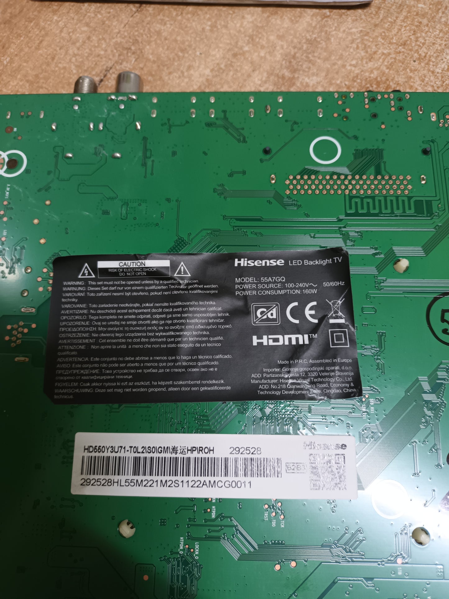 PLACA MAIN, RSAG7.820.11592/R0H, de TV HISENSE 55A7GQ.