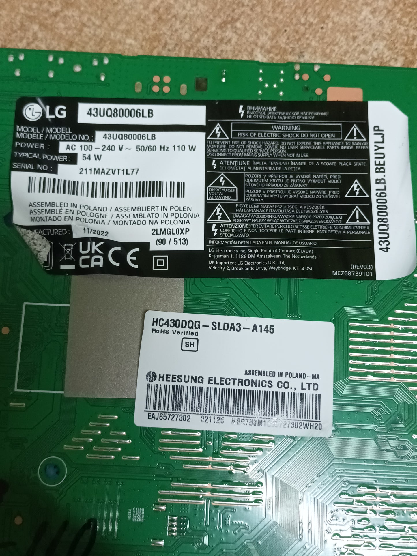 Placa main, EAX69581205(1.0), EBT67288903, de TV LG43UQ80006LB, ES NUEVA SIN USAR