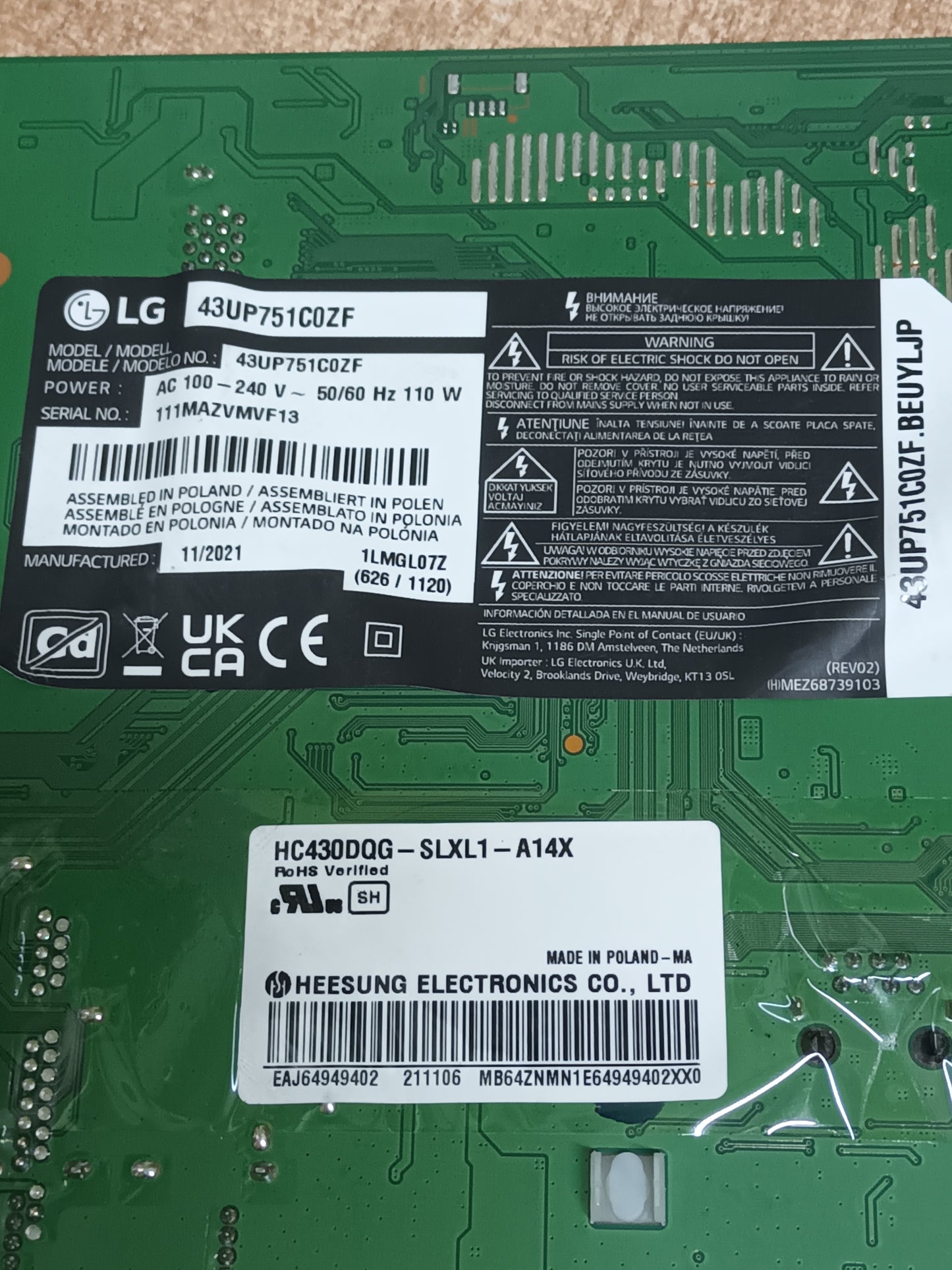 Placa main, EAX69532504(1.0), de TV LG43UP751C0ZF