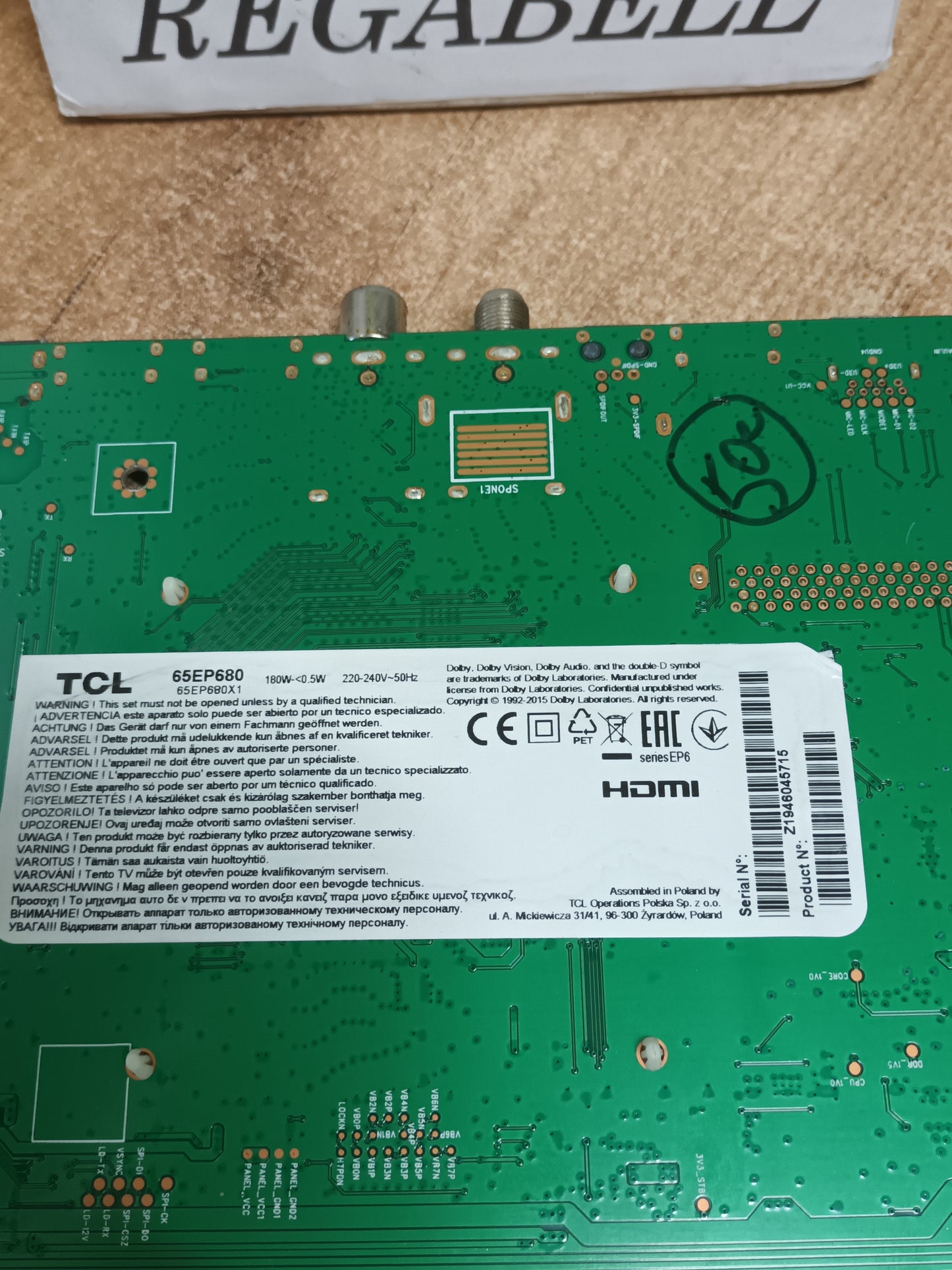 Placa main, 40-RT51H1-MAD2HG, de una tv TCL 65EP680,