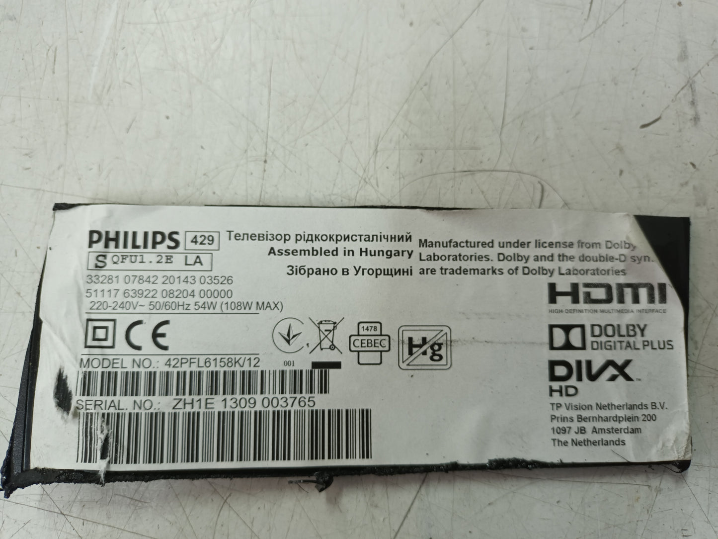 PIES TV PHILIPS 42PFL6158K/12, (ref.44)