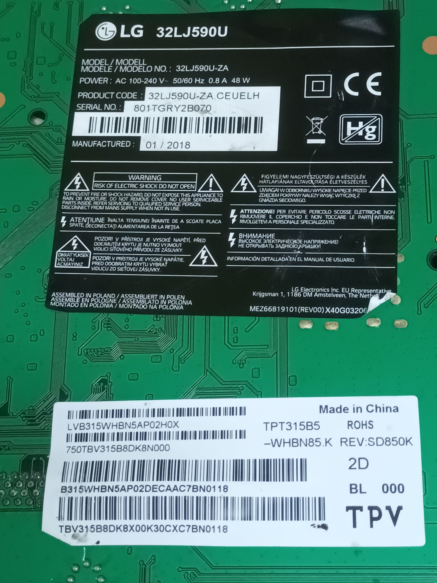 EAX67129604(1.0), EBT 69333903, PLACA MAIN de tv LG32LJ590U