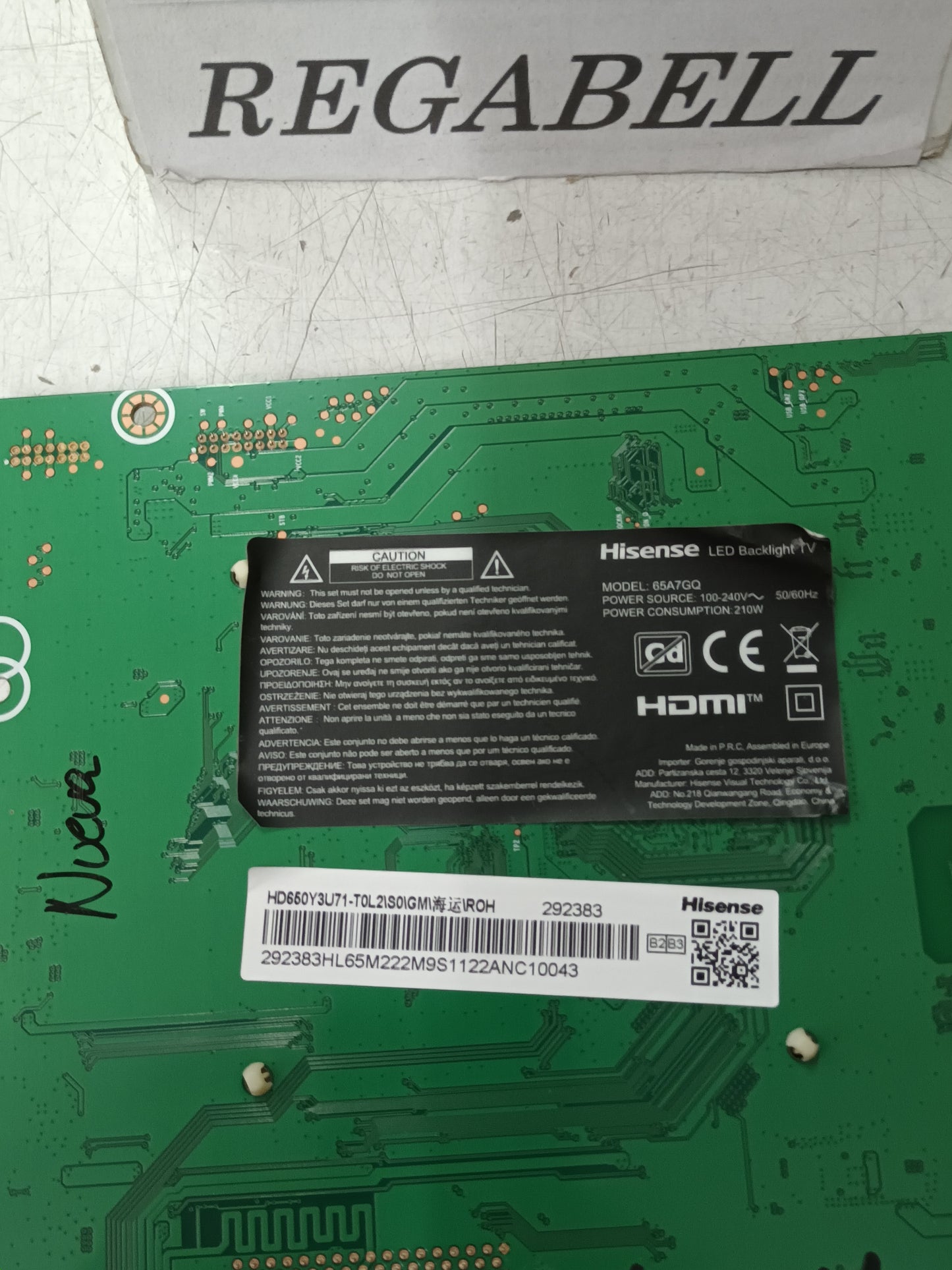 PLACA MAIN, RSAG7.820.11592/ROH, (NUEVA SIN USAR) de tv HISENSE 65A7GQ&nbsp;