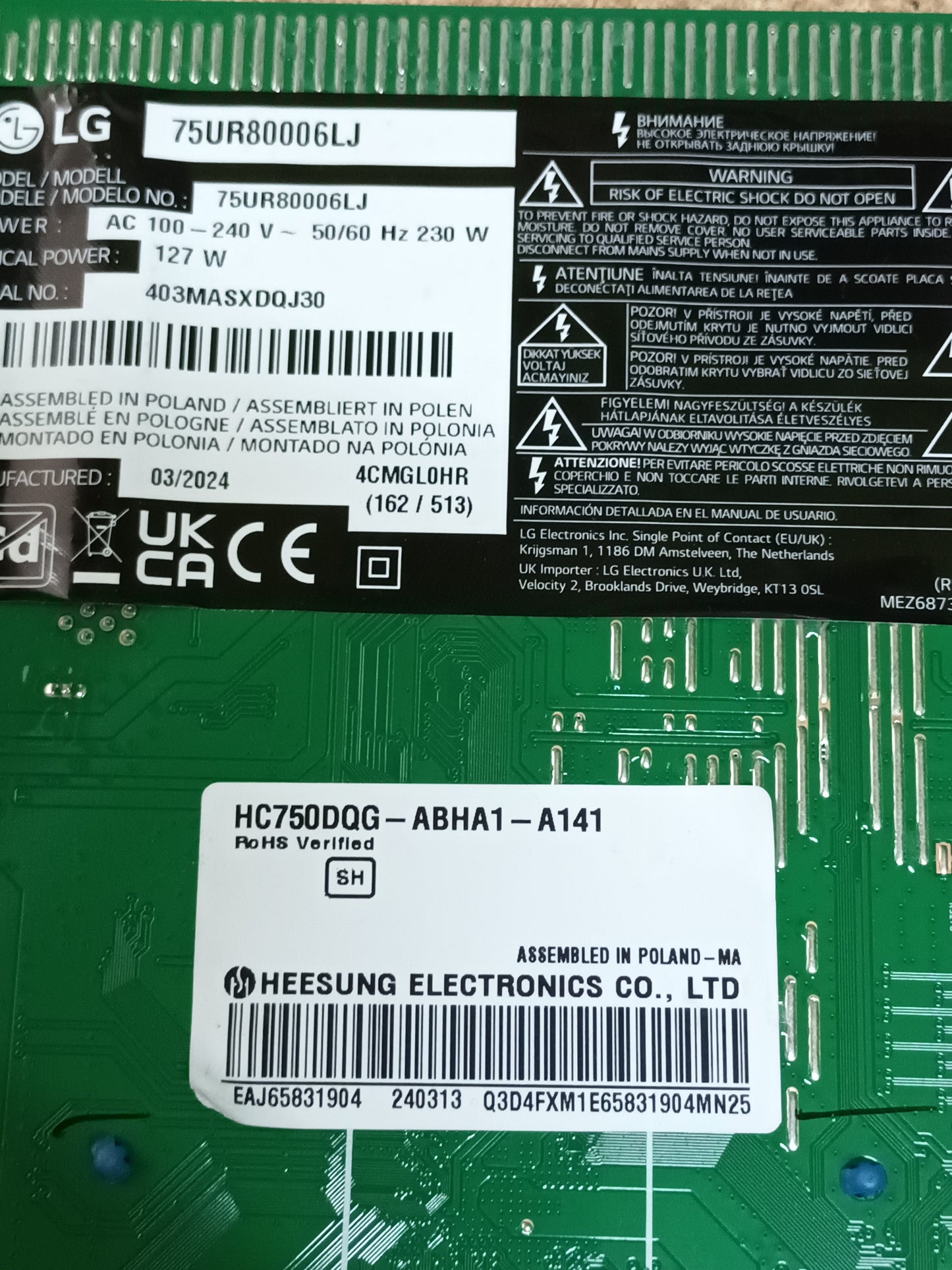 PLACA MAIN, EAX70042603(1.2), EBT67413003, de TV LG75UR80006LJ, NUEVA SIN USAR