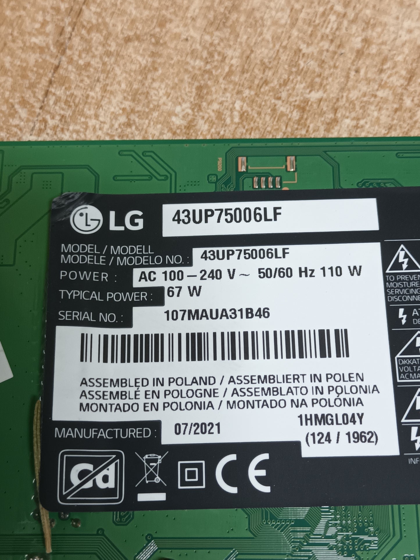 Placa main, EAX69532504(1.0), EBT66781803, DE TV LG43UP75006LF, NUEVA SIN USAR,