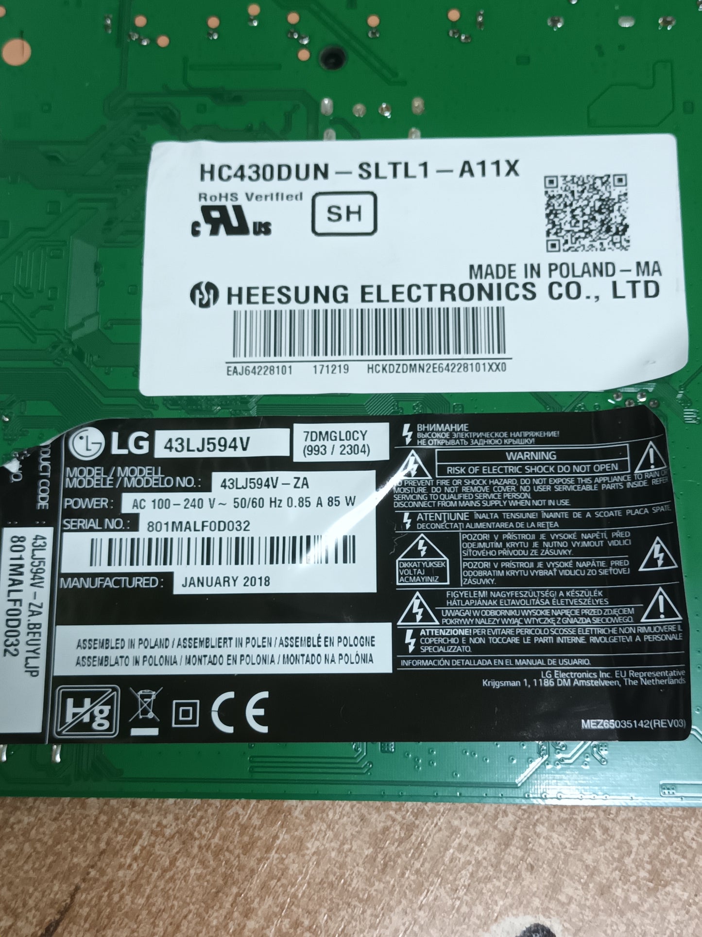 PLACA MAIN, EAX67129604(1.0), EBT64493108, de TV LG43LH594V, NUEVA SIN USAR