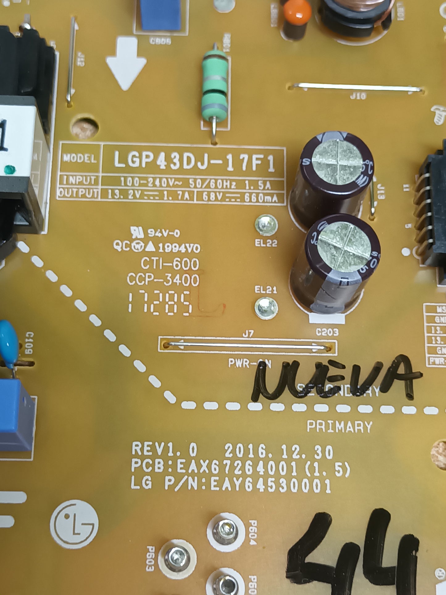 EAX67264001(1.5), NUEVA SIN USAR de tv LG43LJ594V,
