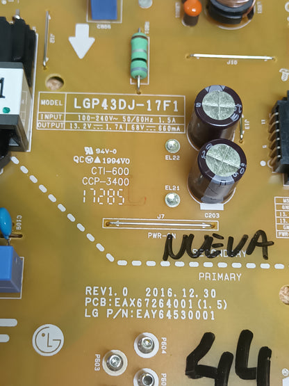 EAX67264001(1.5), NUEVA SIN USAR de tv LG43LJ594V,