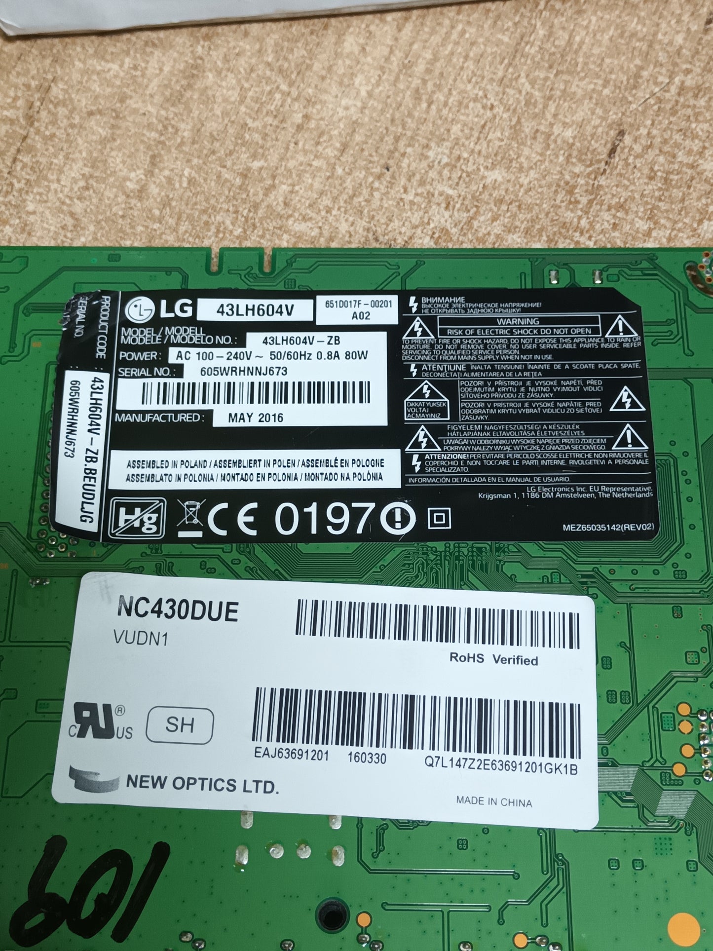 PLACA MAIN, EAX66769503(1.2), EBT64180803, NUEVA SIN USAR, de TV LG43LH604V