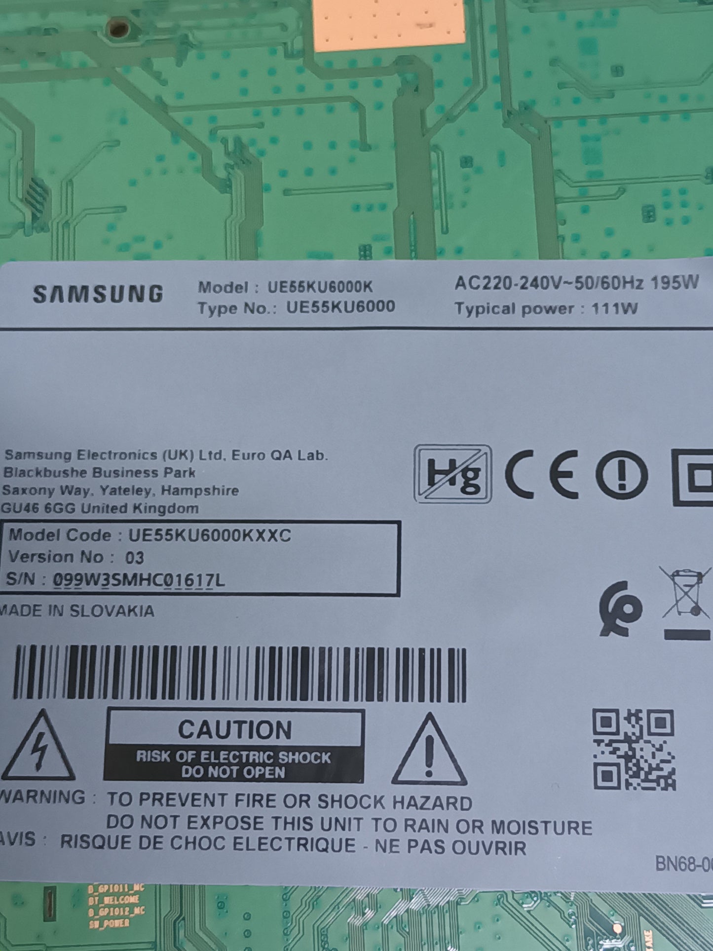 Placa main, BN94-10832D, de tv SAMSUNG UE55KU6000K, NUEVA SIN USAR,