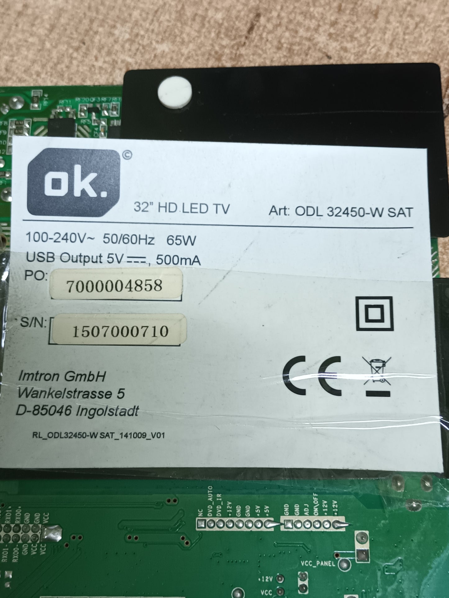 combo de tv OK ODL 32450-W SAT, placa main CV9202H-UPW y fuente alimentacion, CVB32005,