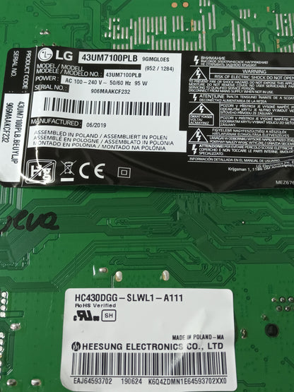 Placa main, EAX68253604(1.0), EBT66056803, DE TV LG43UM7100PLB, NUEVA SIN USAR,